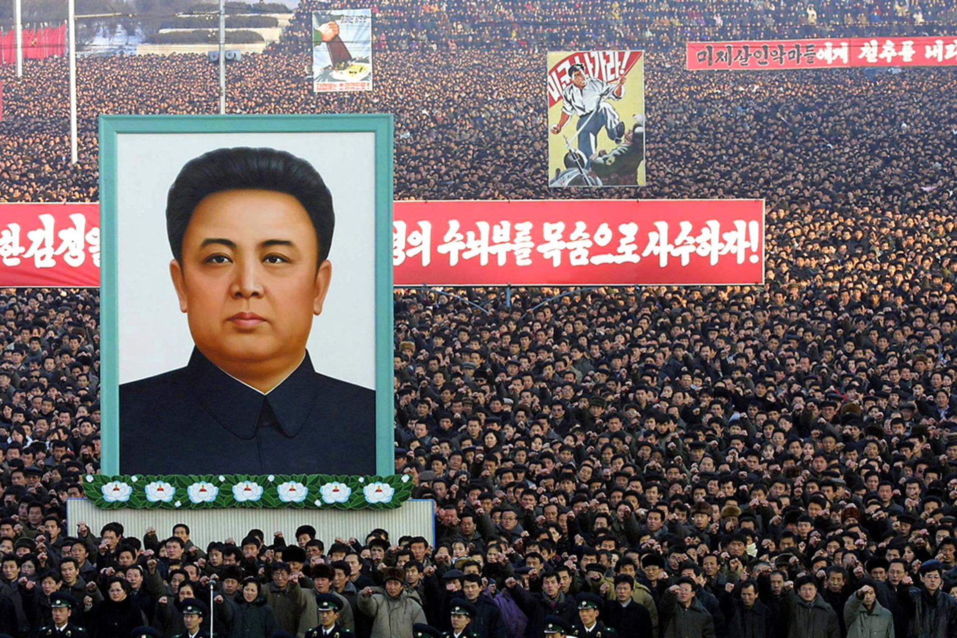 Millions of North Koreans gather to hear political leaders announce the decision to withdraw from the Nuclear Nonproliferation Treaty in Pyongyang, North Korea. Xinhua/AFP/Getty Images