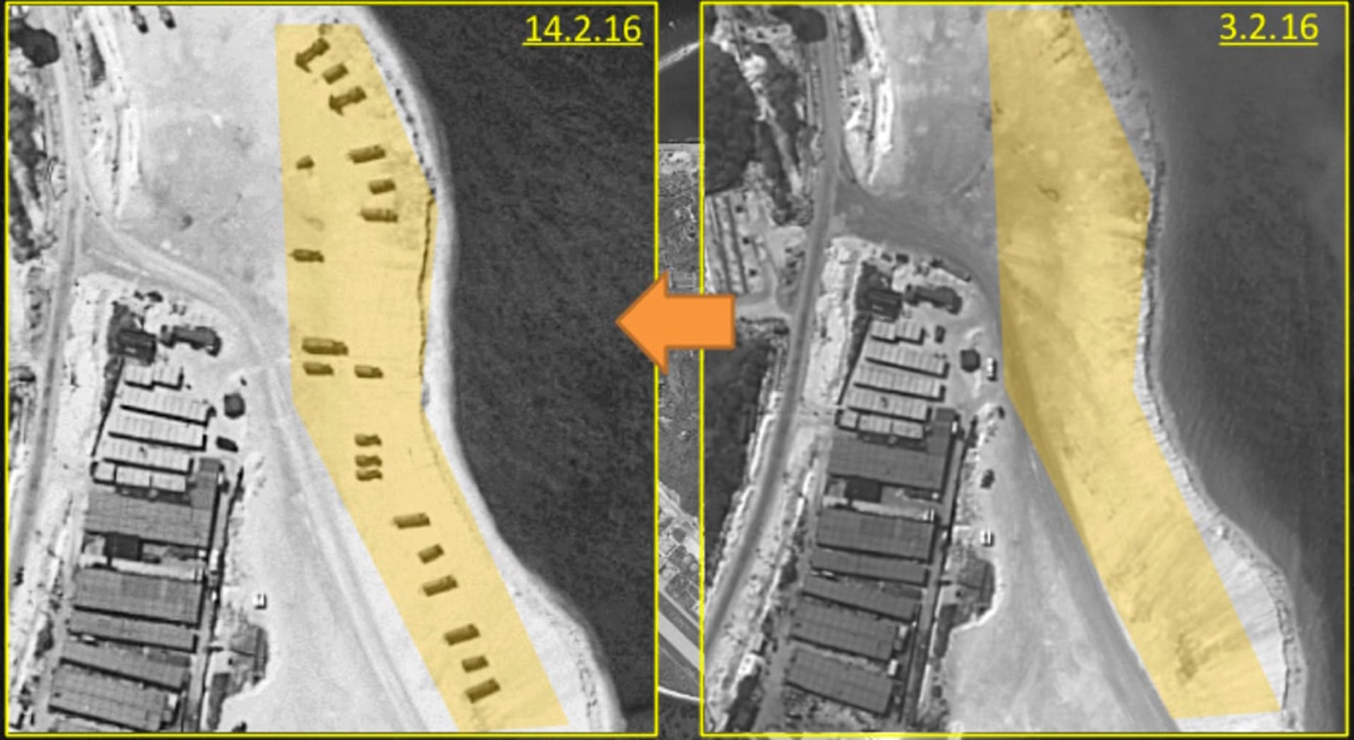 Satellite images taken of Woody Island in the South China Sea on February 3, 2016, and February 14, 2016. ImageSat International N.V./Handout/Reuters