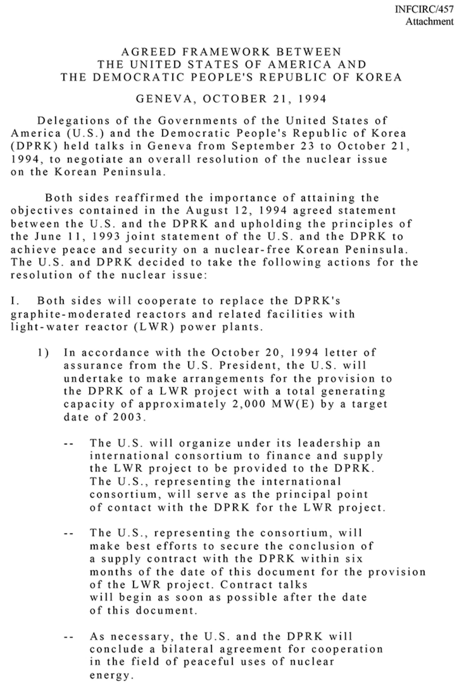 The first page of the Agreed Framework.