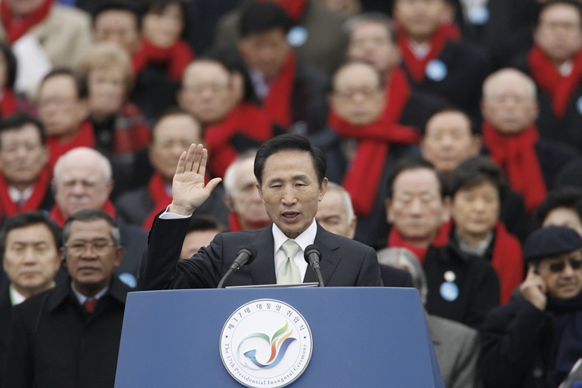 Lee Myung-bak takes his inaugural oath before the South Korean parliament. Lee Jae-won/Reuters