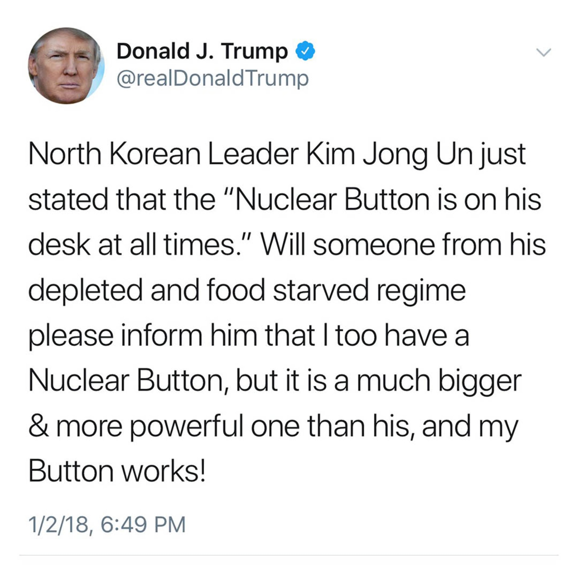President Trump tweets a reaction to provocations from North Korea’s Kim. Twitter