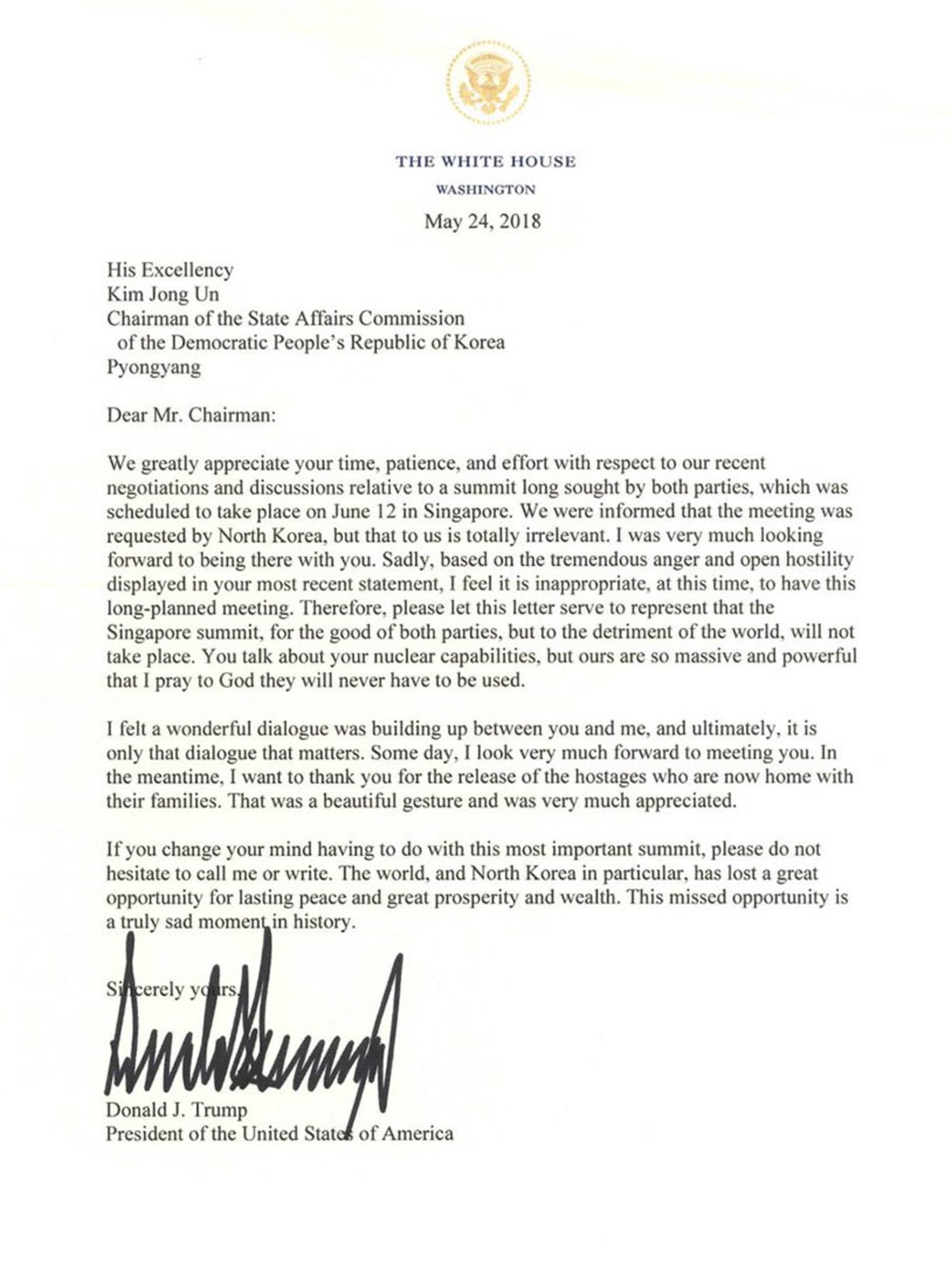 Trump’s letter to Kim canceling their meeting. The White House