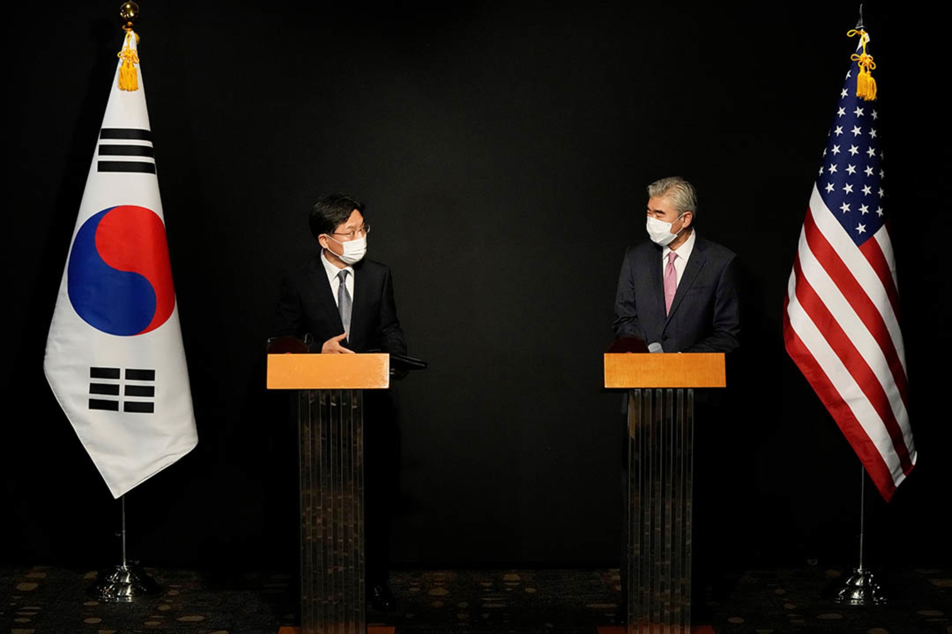 South Korean special envoy Noh Kyu-duk and U.S. special envoy to North Korea Sung Kim attend a briefing in Seoul in October 2021. Ahn Young-joon/Reuters