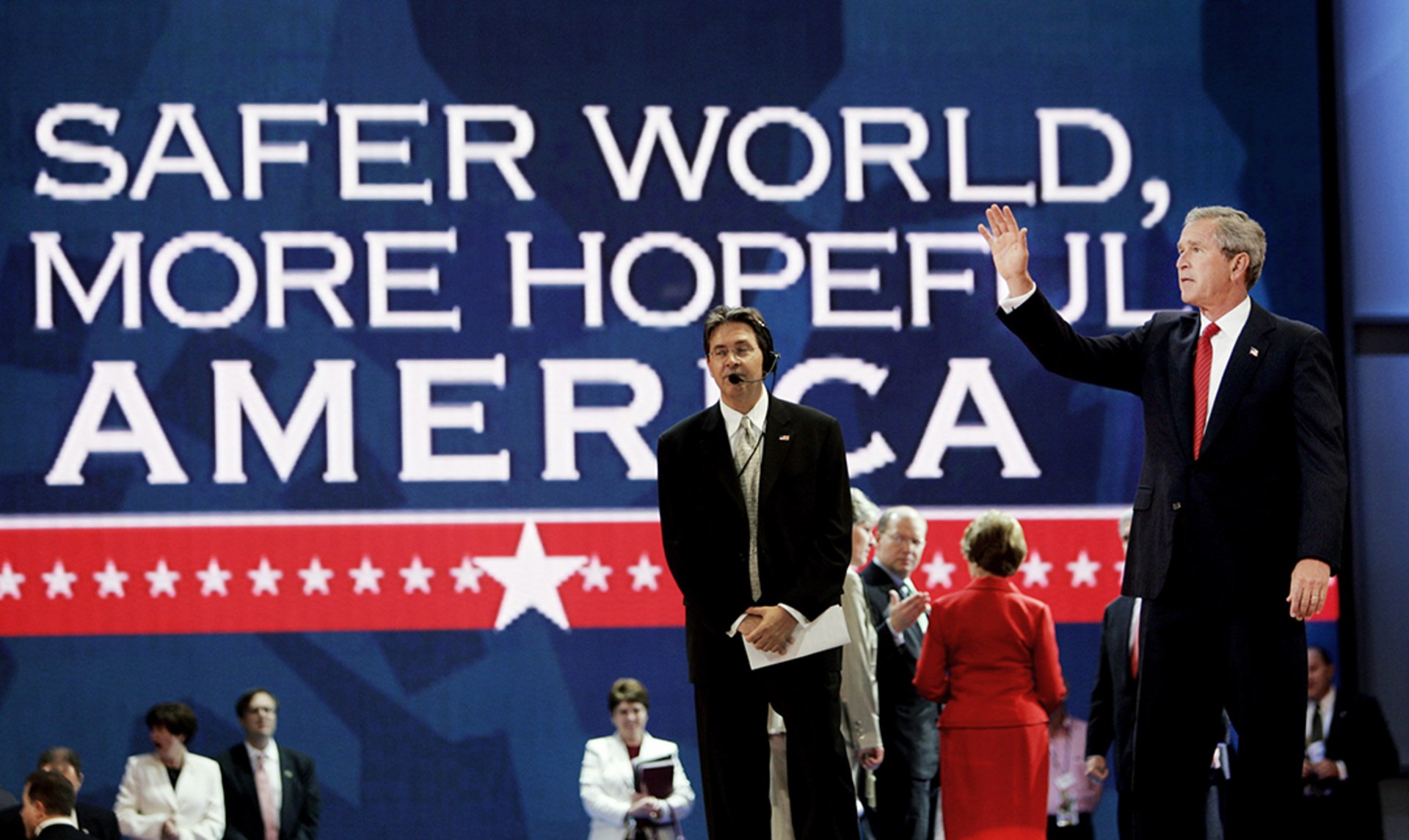 Republican President George W. Bush waves at supporters during his party’s convention in New York, New York. Kevin Lamarque/Reuters