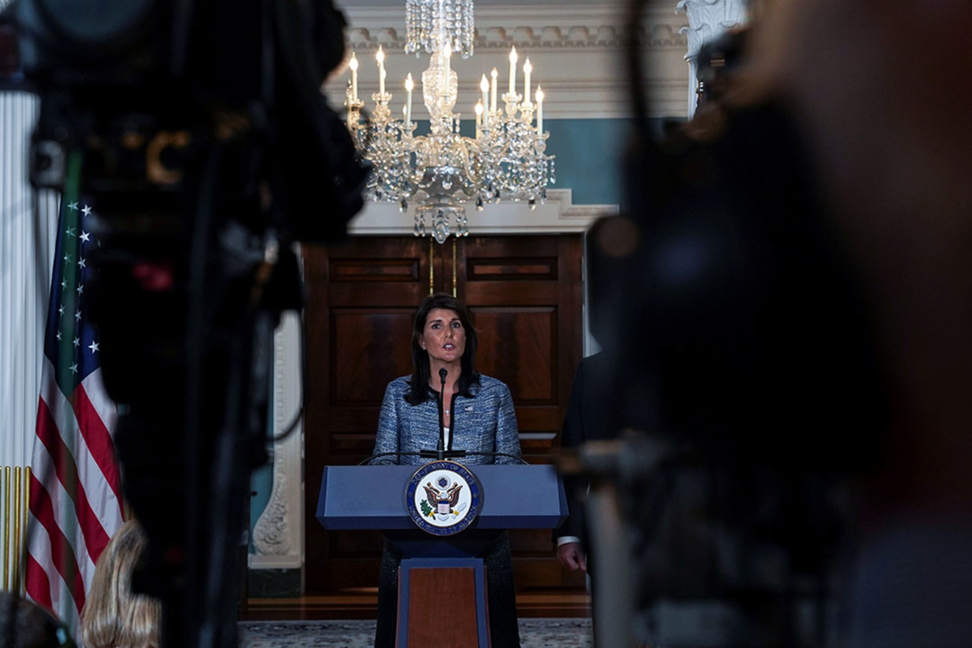UN Ambassador Nikki Haley announces the U.S. withdrawal from the Human Rights Council. Toya Samo Jordan/Reuters
