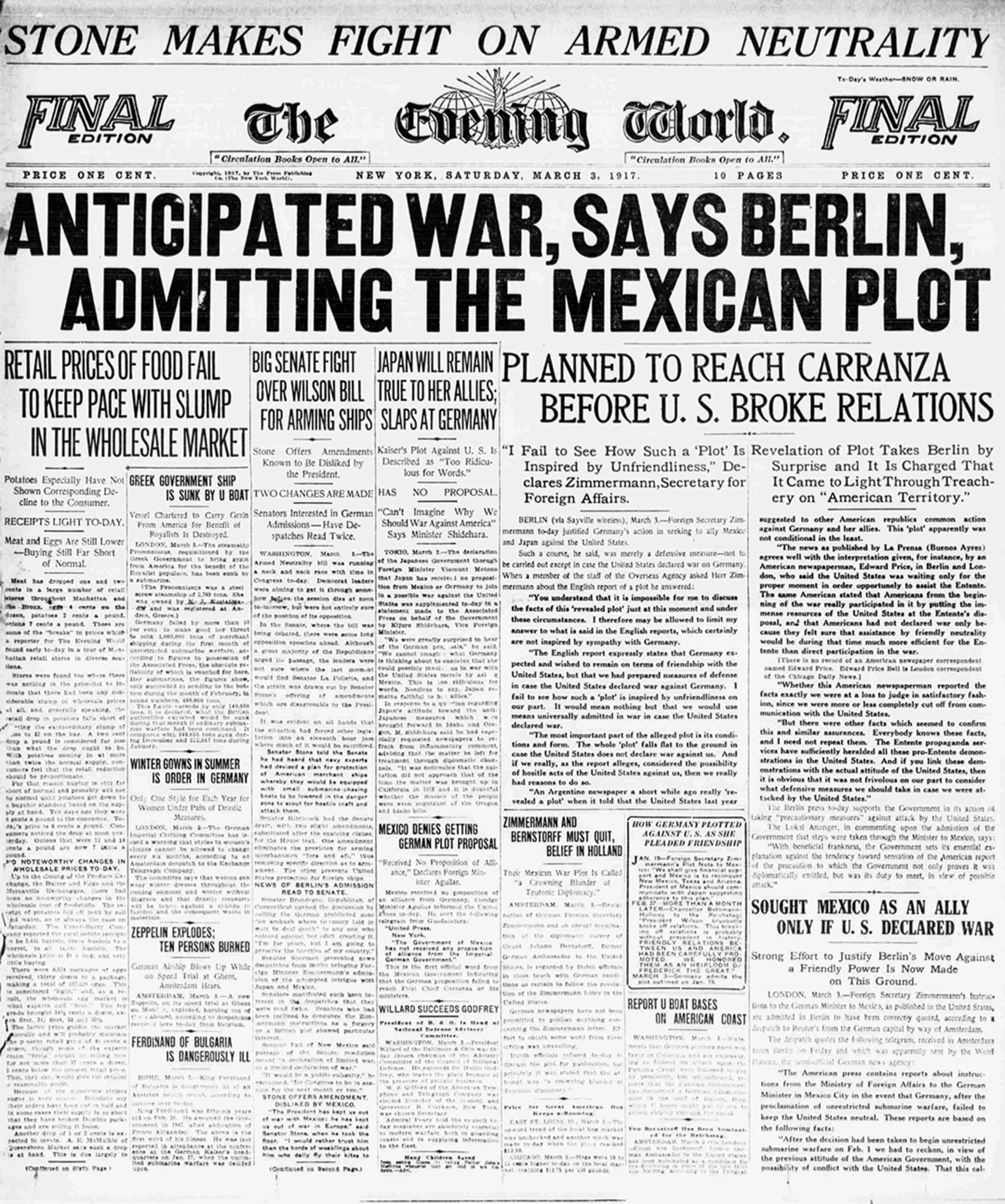 On March 3, 1917, the front page of the Evening World newspaper reveals Germany’s plan to conspire with Mexico against the United States during World War I. The New York Public Library, Astor, Lenox, and Tilden Foundation