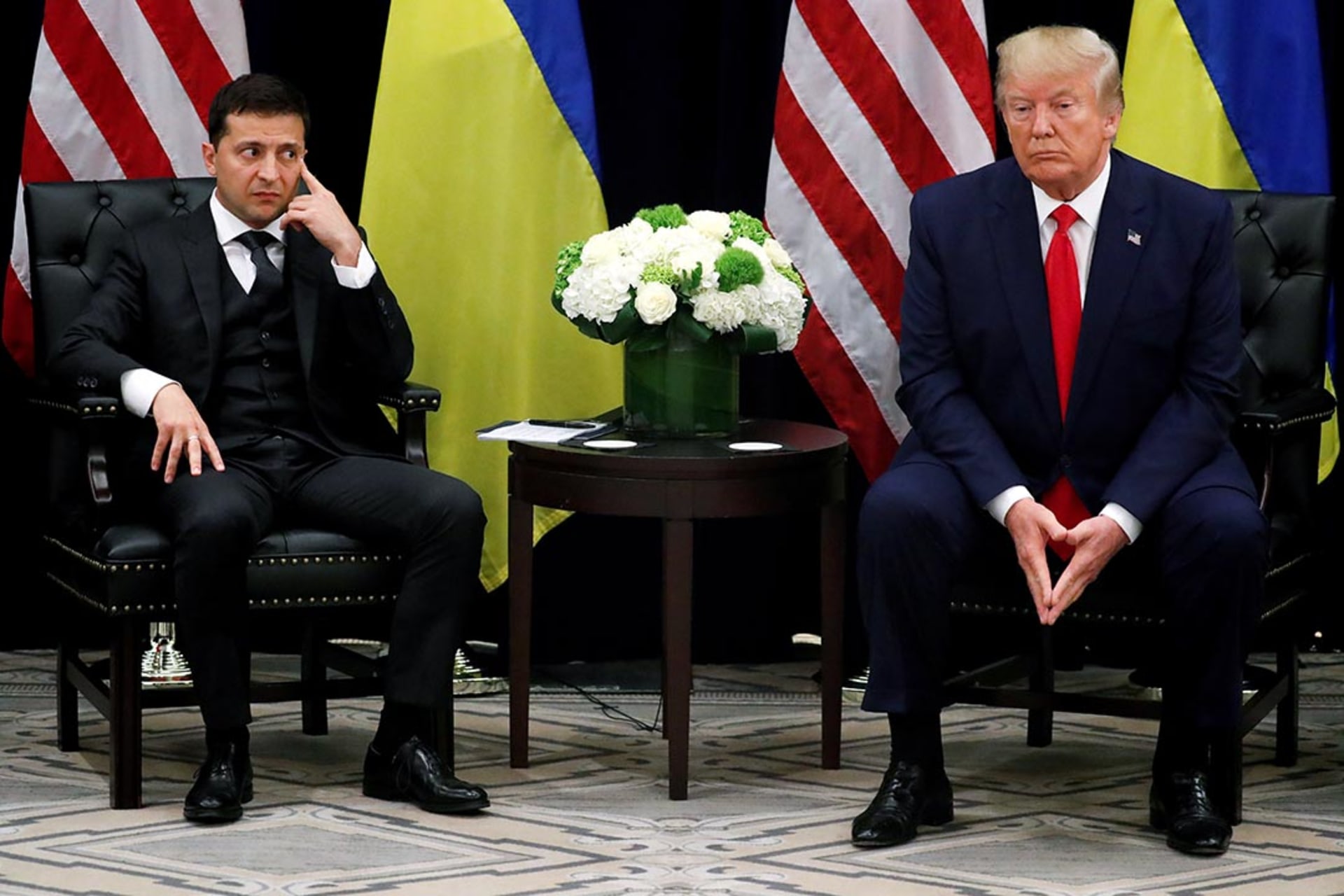 Ukrainian President Volodymyr Zelensky listens during a bilateral meeting with U.S. President Donald J. Trump on the sidelines of the UN General Assembly. 
