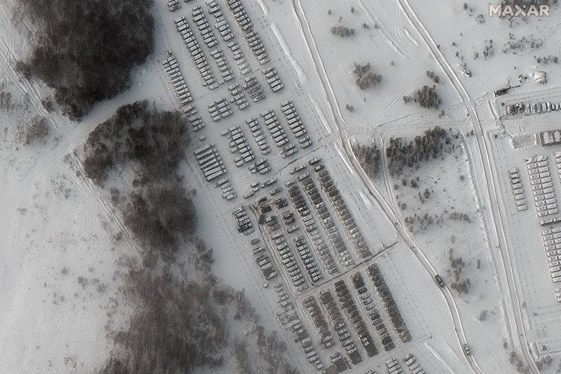 A satellite image shows tanks and other military equipment in the Russian town of Yelnya, about 160 miles from the Ukraine border, in January 2022.
