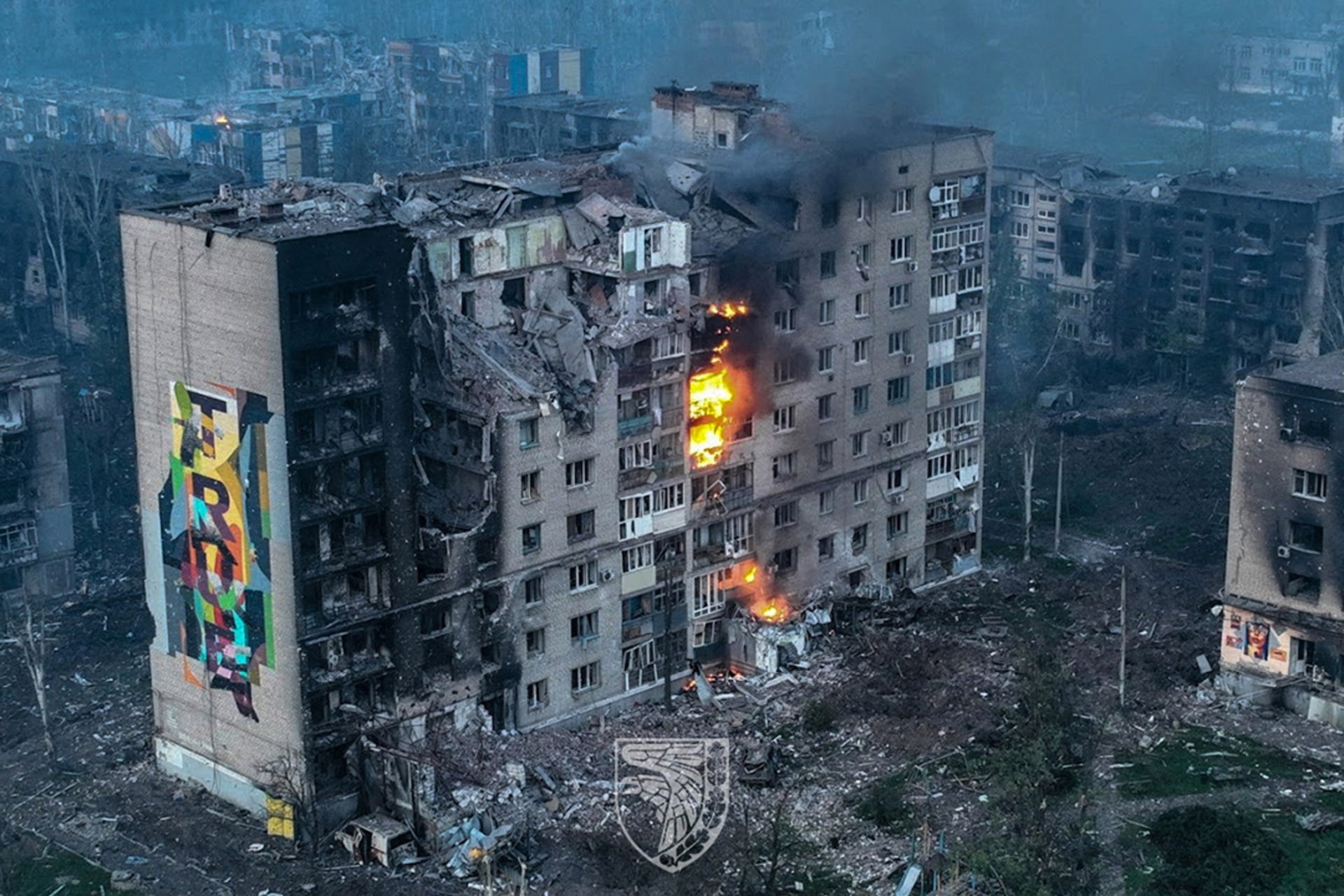 A Russian attack destroyed buildings in Bakhmut, Ukraine. 