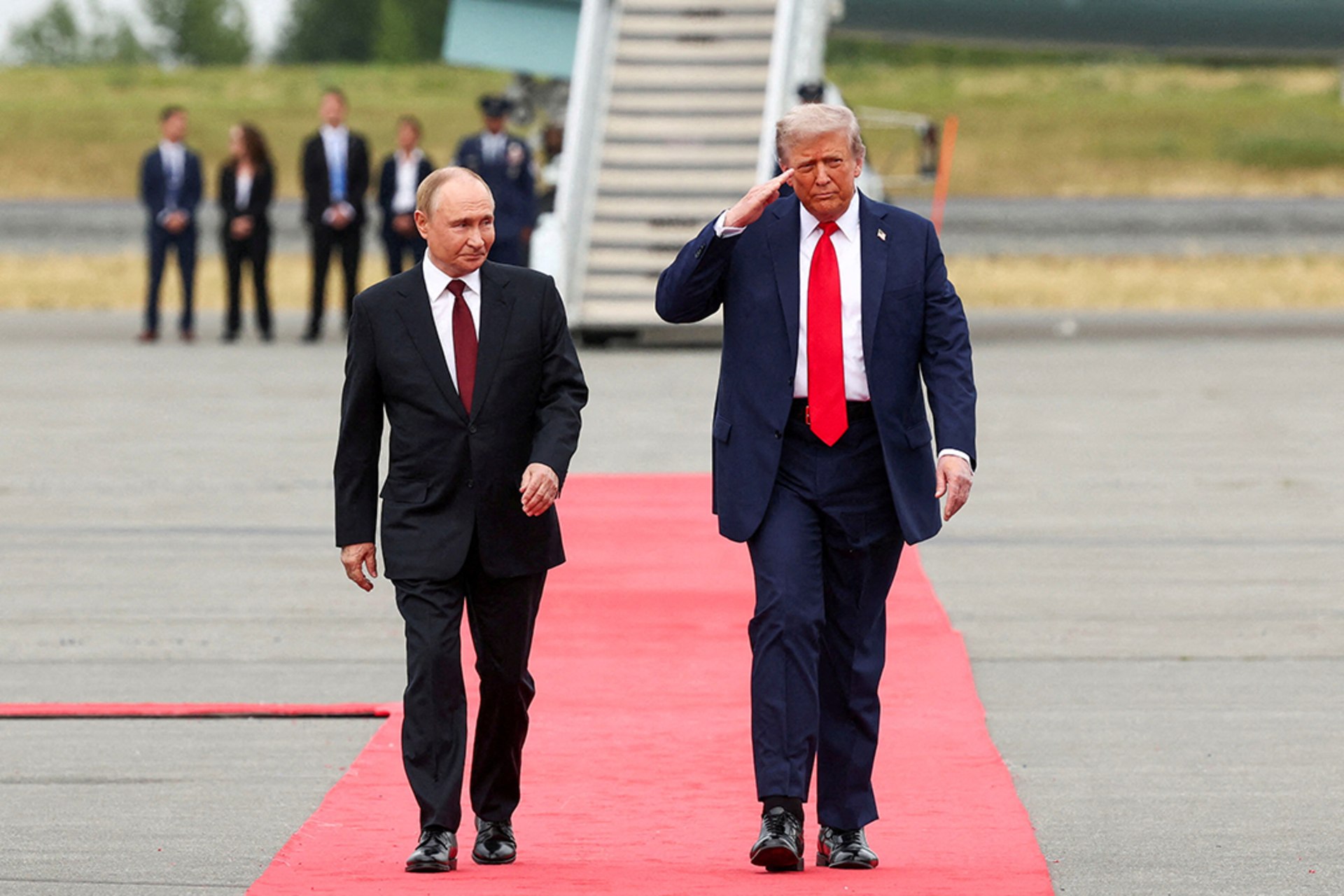 Russian President Vladimir Putin and U.S. President Donald Trump meet in Alaska to negotiate an end to the war in Ukraine, August 15, 2025. 

