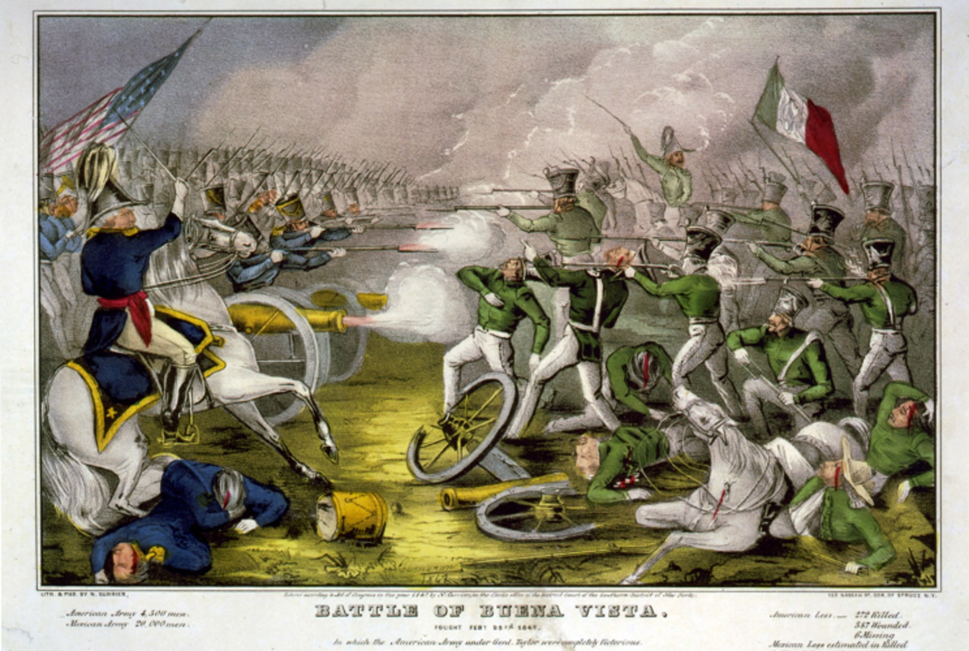 A color painting showing the Battle of Buena Vista. American forces are shown on the left side of the painting with an American flag behind them and Mexican forces are shown on the right side with a Mexican flag behind them.
