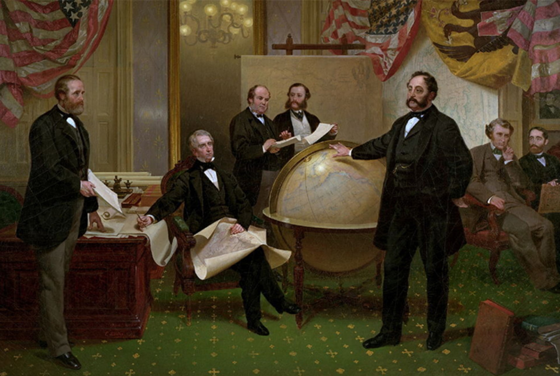 A color reproduction of a painting showing the signing of the Alaska Treaty. Men stand in a room holding maps and globes. 