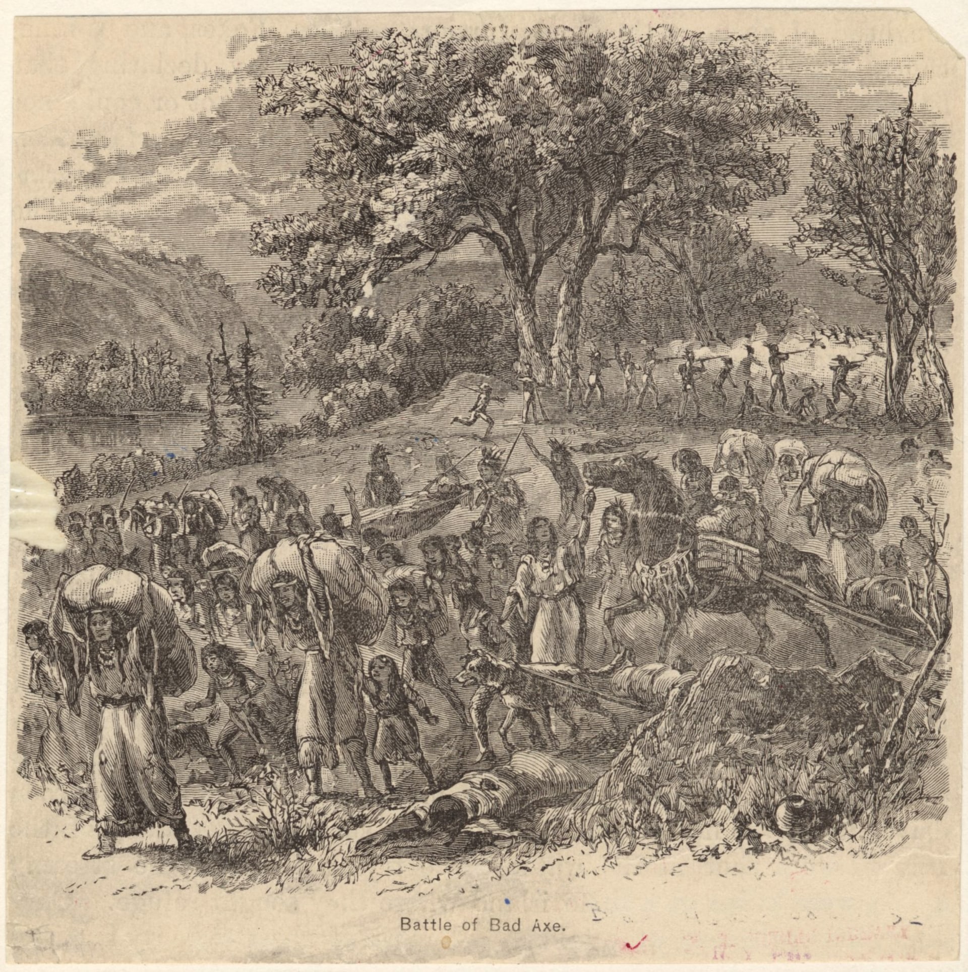 A black and white illustration showing Native American women and children fleeing. The background is a darkened and blurred version of the original image created to fill the image's vertical crop.