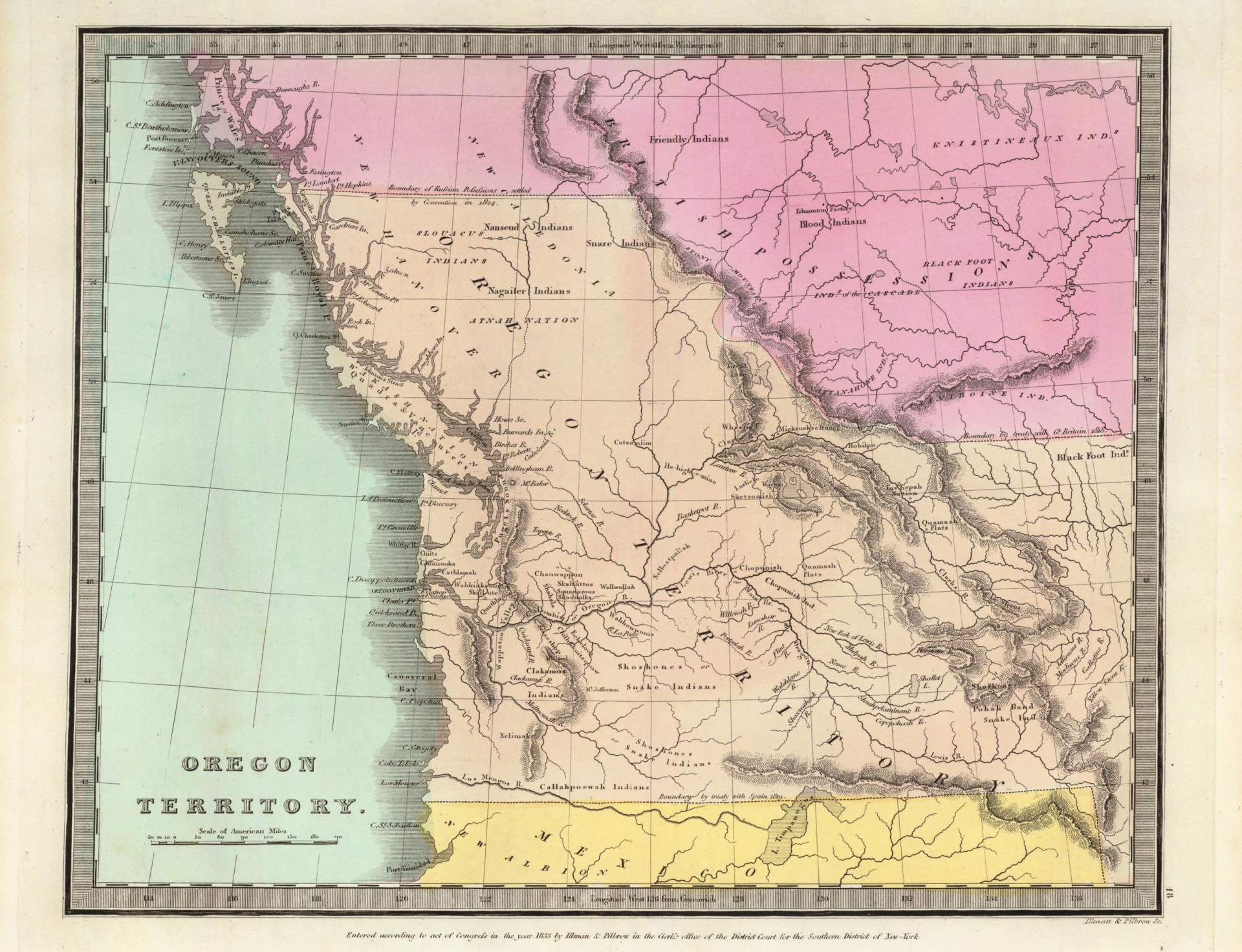 A color map of the Oregon Territory as of 1835. The Oregon Territory is colored beige. The background is a darkened and blurred version of the original image created to fill the image's vertical crop.