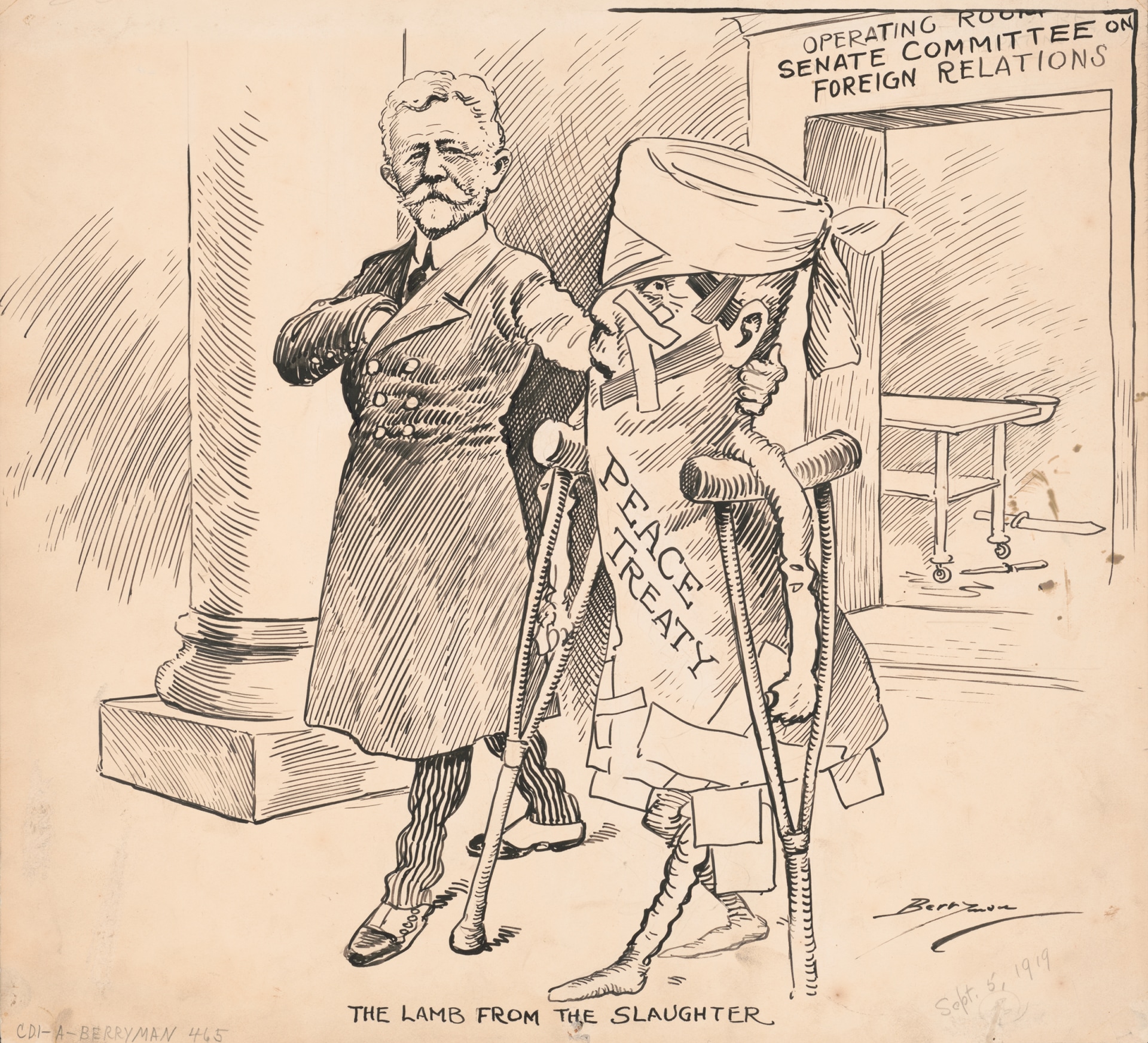 A cartoon shows Henry Cabot Lodge, chairman of the Senate Foreign Relations Committee, escorting a battered figure on crutches (drawn as a rolled up scroll and labeled "Peace Treaty") out of a room labeled "Operating Room, Senate Committee on Foreign Relations". The background is a darkened and blurred version of the original image created to fill the image's vertical crop.