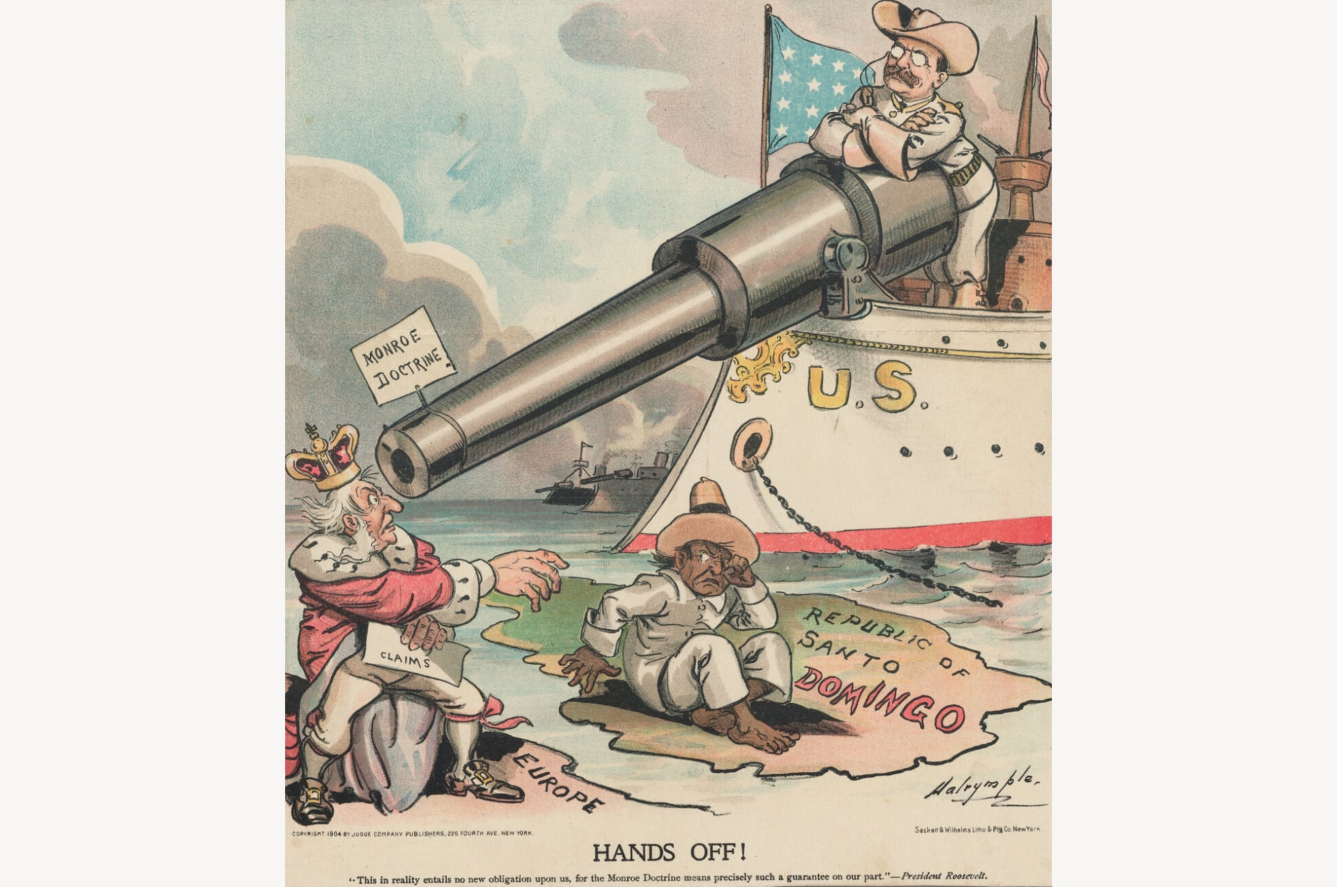 A color political cartoon depicting President Theodore Roosevelt using the Monroe Doctrine to keep European powers out of the Dominican Republic. The caption says: "Hands Off! This in reality entails no new obligations upon us, for the Monroe Doctrine means precisely such a guarantee on our part". The background is a darkened and blurred version of the original image created to fill the image's vertical crop.