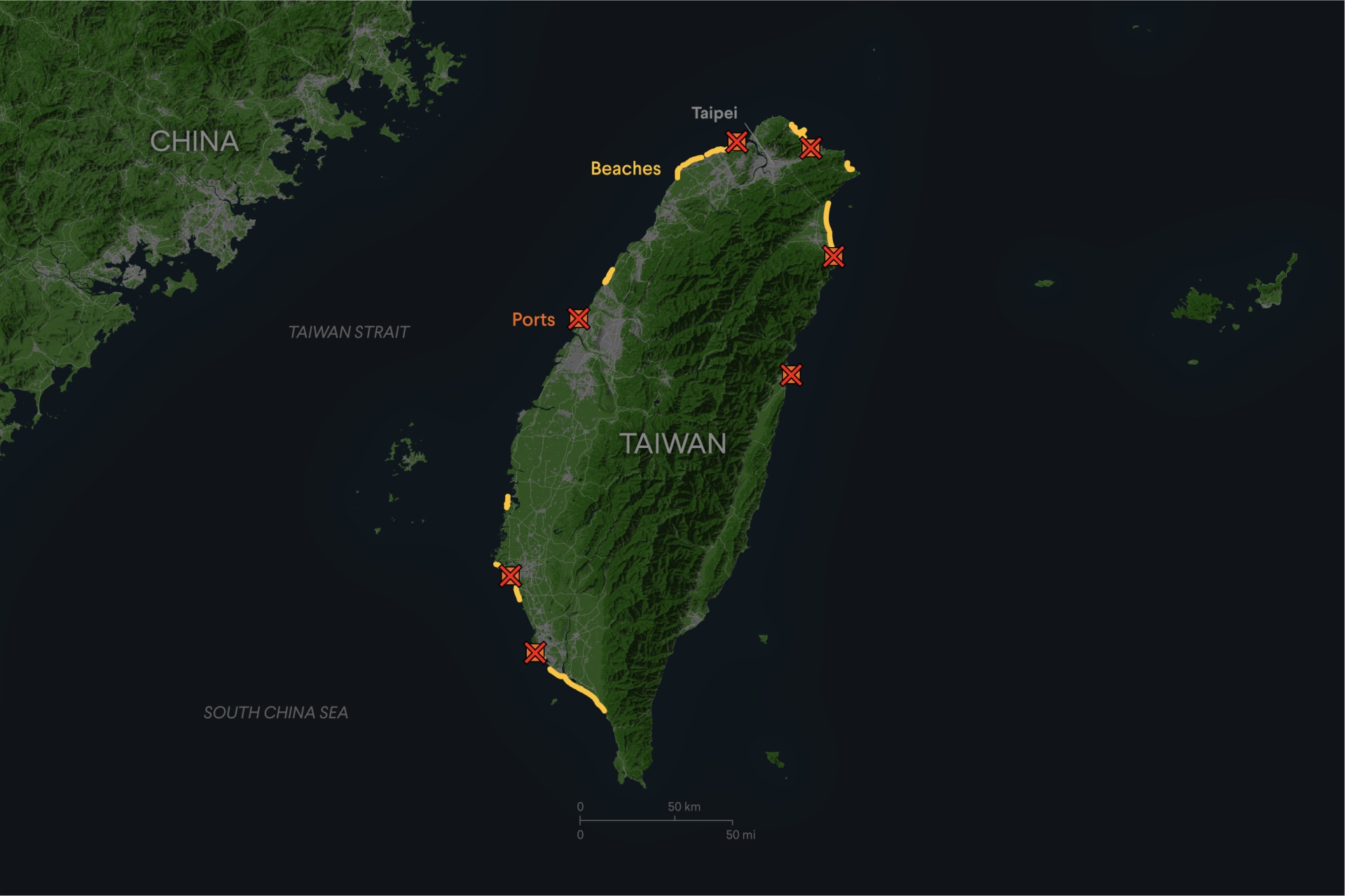 Map of Taiwan showing destroyed ports.