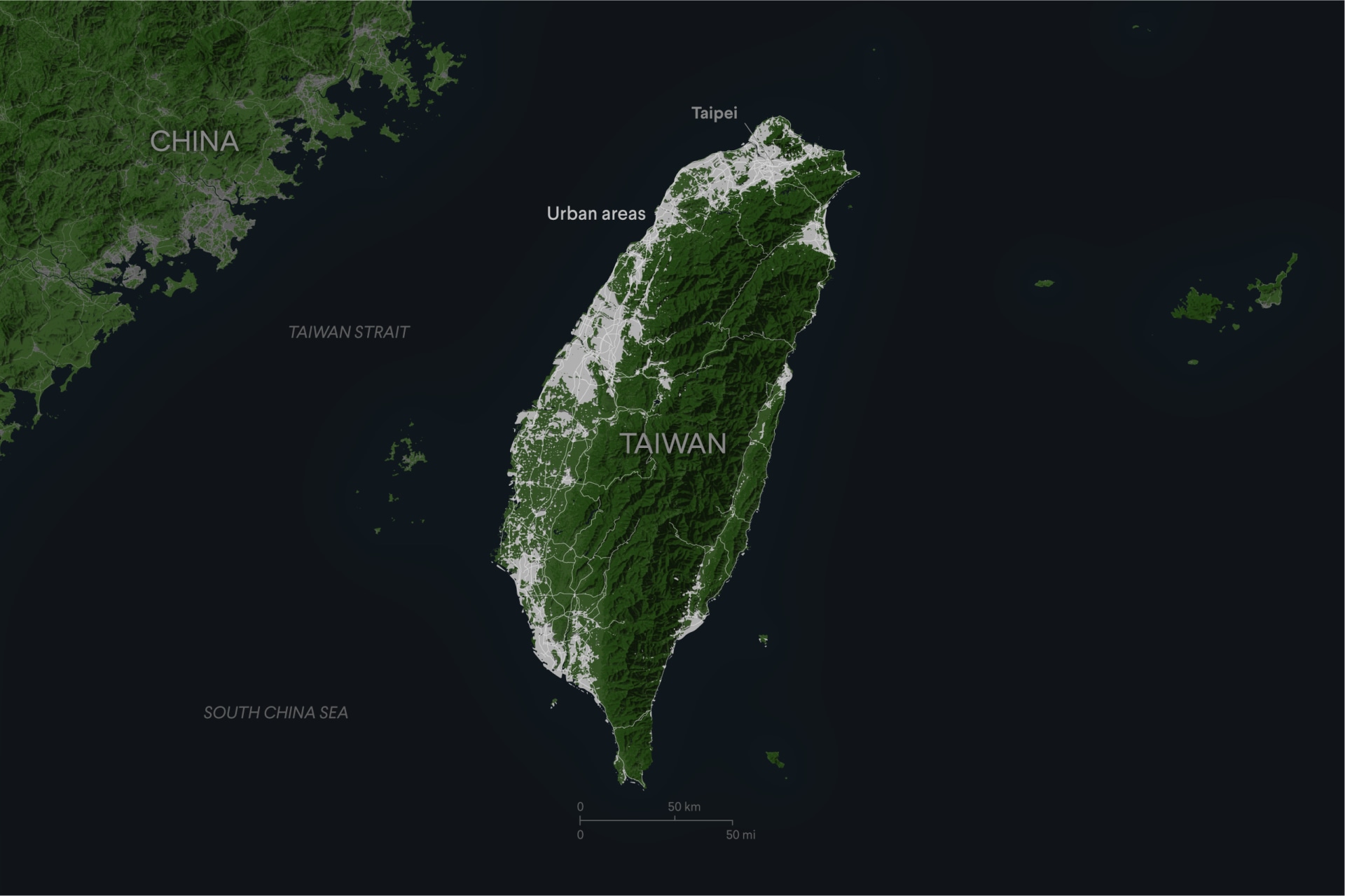 Map of Taiwan showing where most of the population lives.