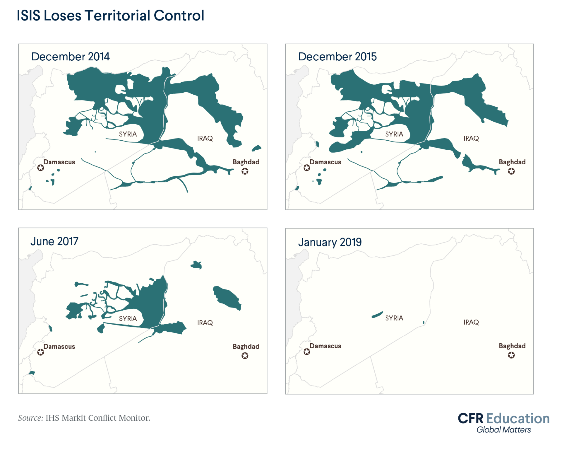 In four maps spanning from 2014 to 2019, this infographic show's ISIS's dwindling territorial control in the Middle East.