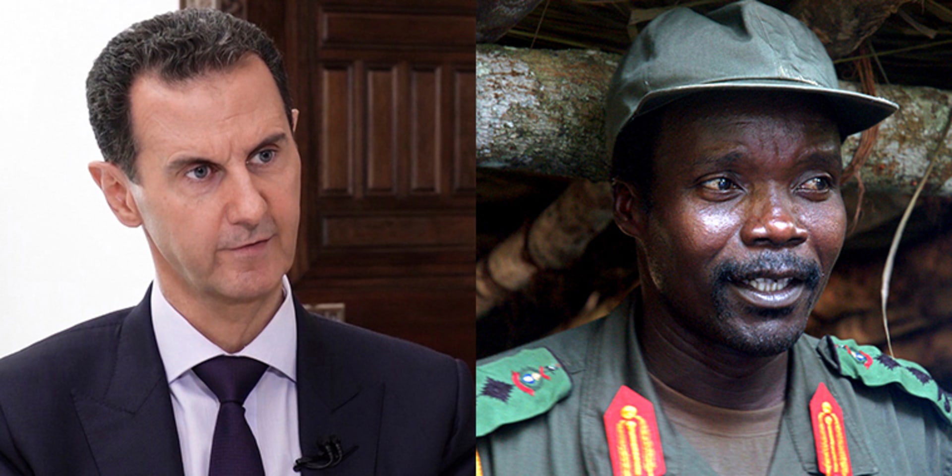Left: Syrian President Bashar al-Assad speaks during an interview with the RIA Novosti news agency, in Damascus, Syria, on June 10, 2020. Right: Joseph Kony, leader of the Lord's Resistance Army, speaks during a meeting with a delegation of 160 officials