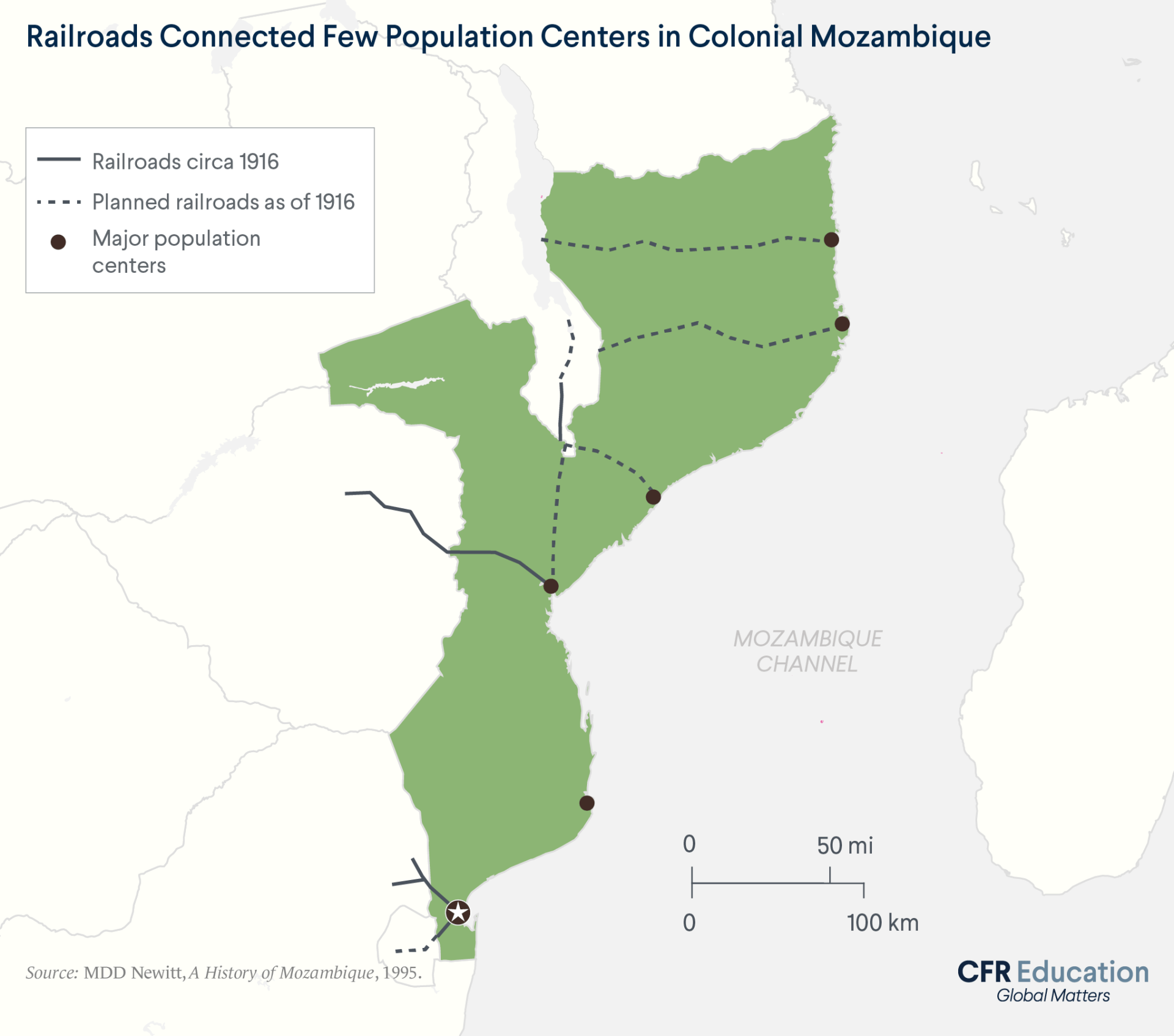 Map of colonial Mozambique showing the railroads connecting the country circa 1916. Major population centers are also shown using black dots.