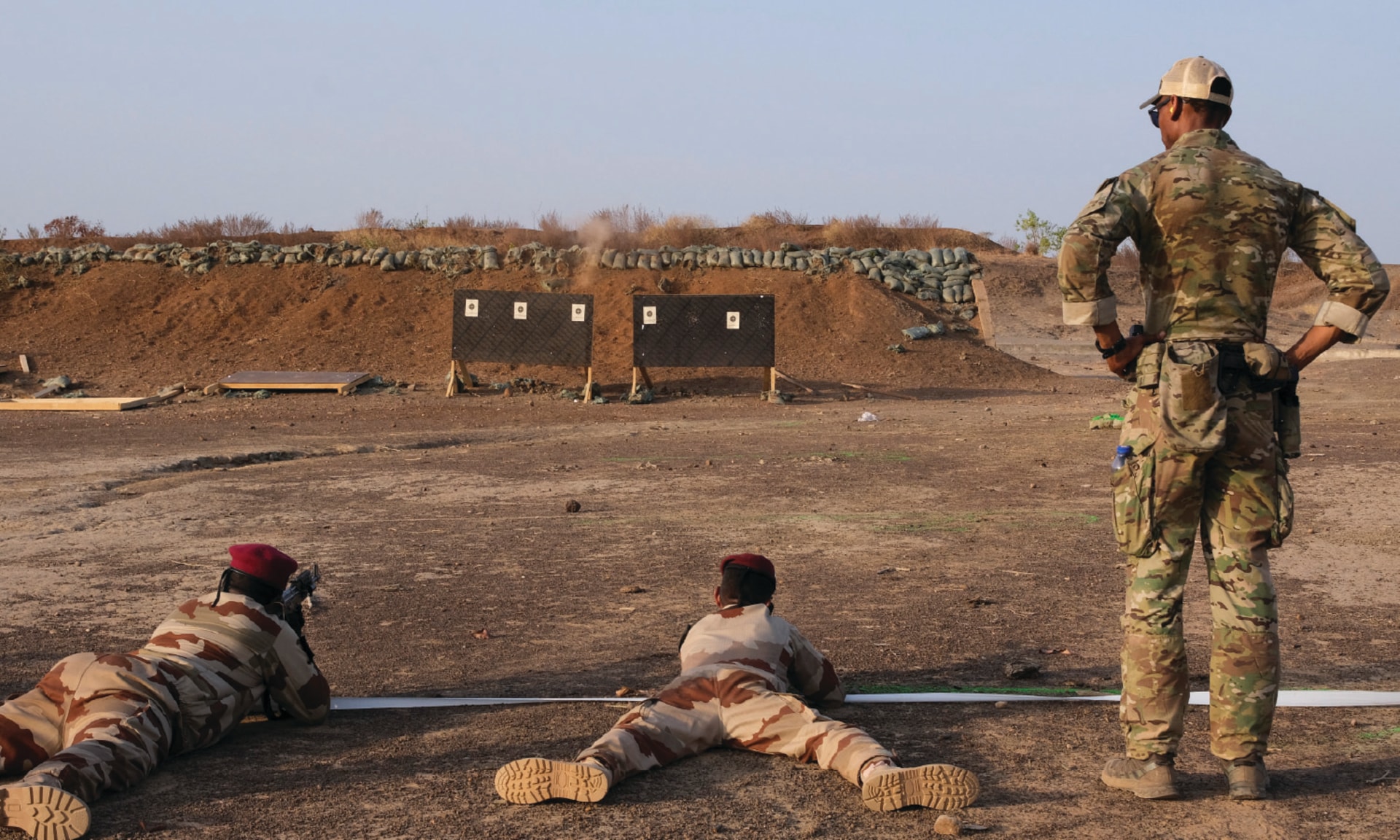 Mauritanian military personnel train at a firing range during the annual counter-terrorism program Flintlock, in Daboya, Ghana March 1, 2023.