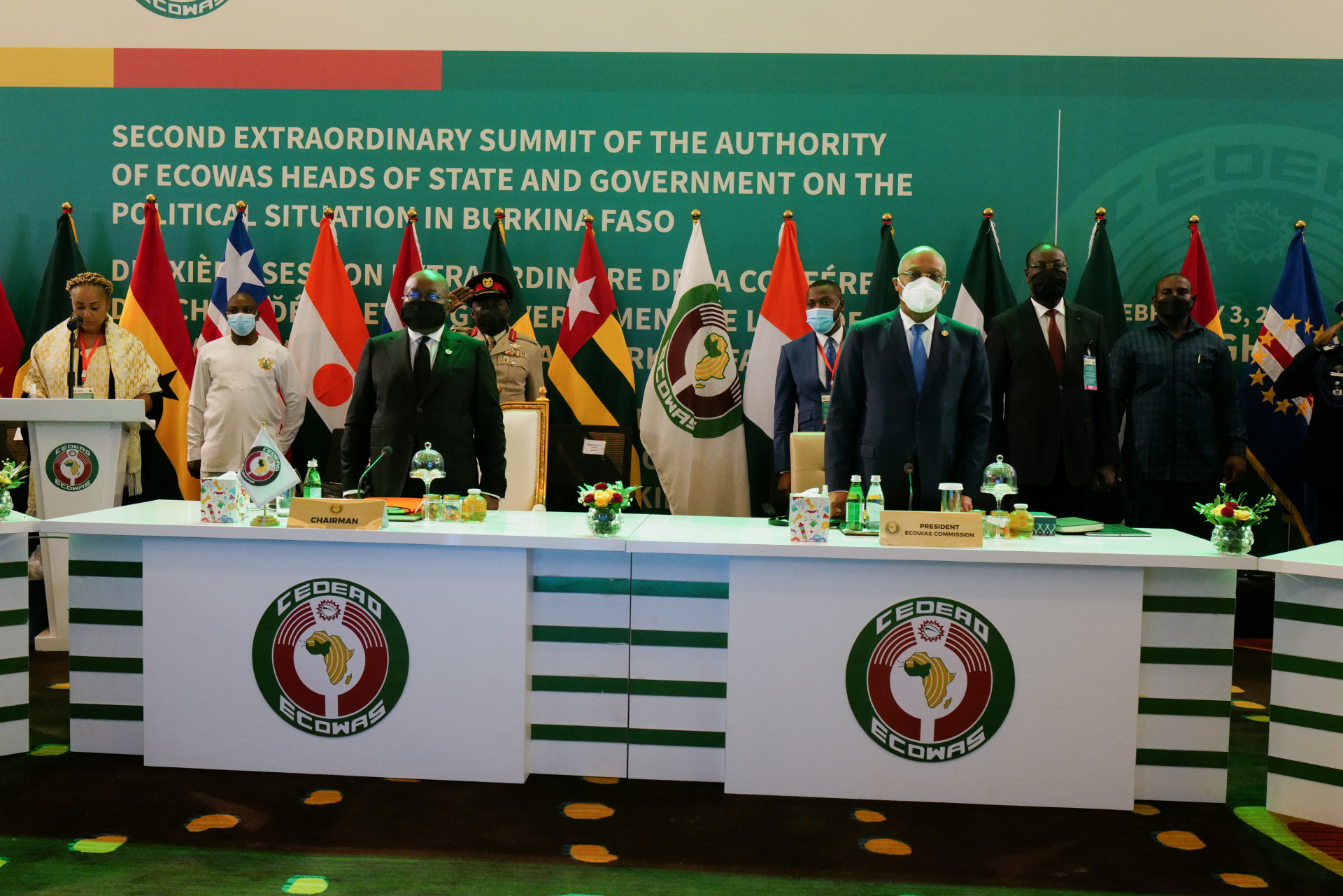 ECOWAS leaders attend the opening of the second emergency summit of heads of state to discuss the bloc's response to the recent military coup in Burkina Faso, in Accra, Ghana, February 3, 2022.