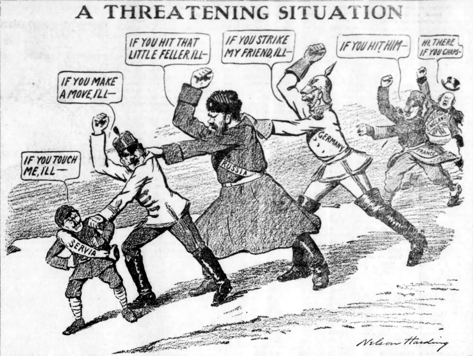 A 1912 political cartoon depicting the web of alliances that led to World War I.
