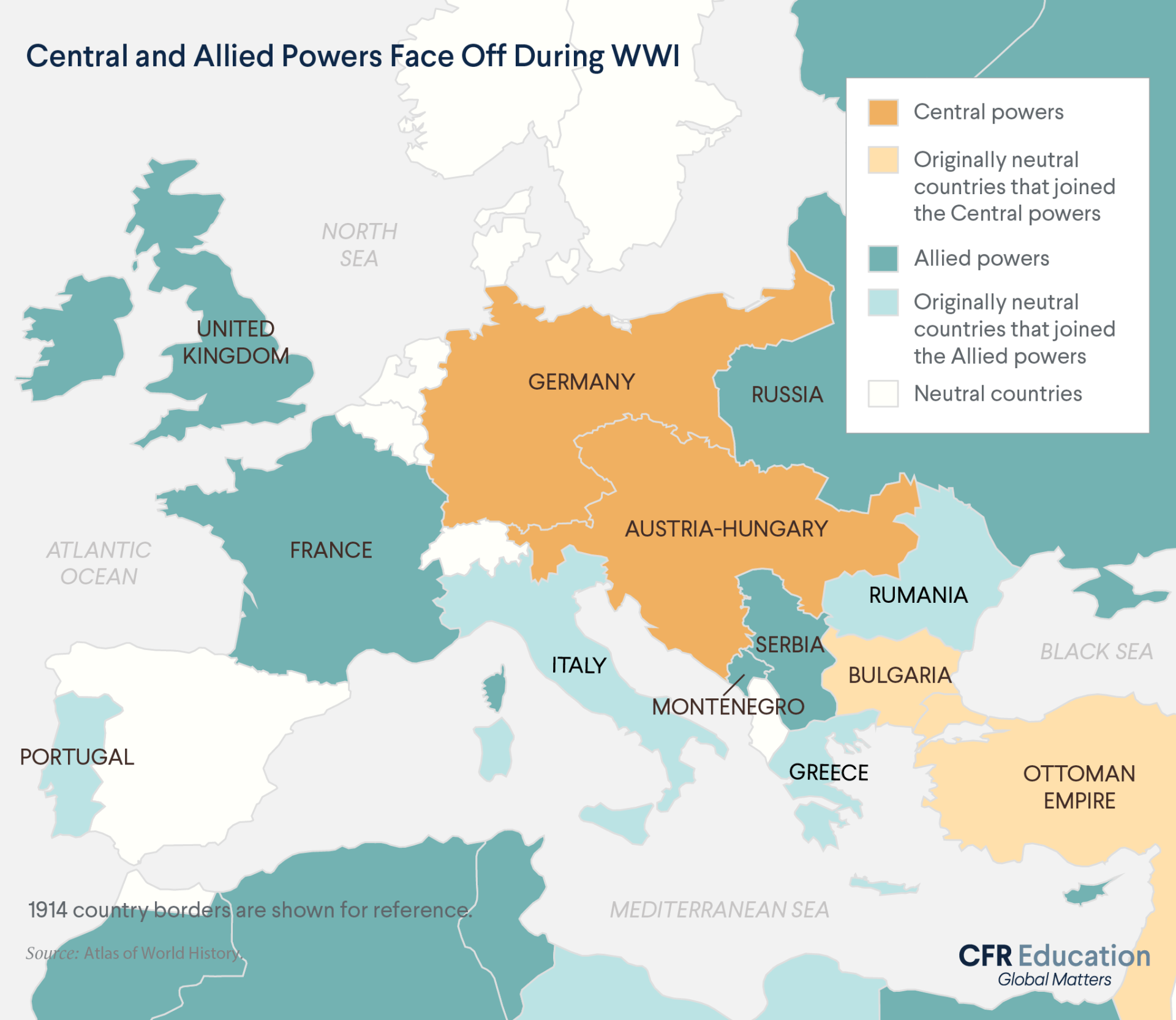 Map of the Allies and Central powers in Europe that faced off during WWI. For more info contact us at cfr_education@cfr.org.