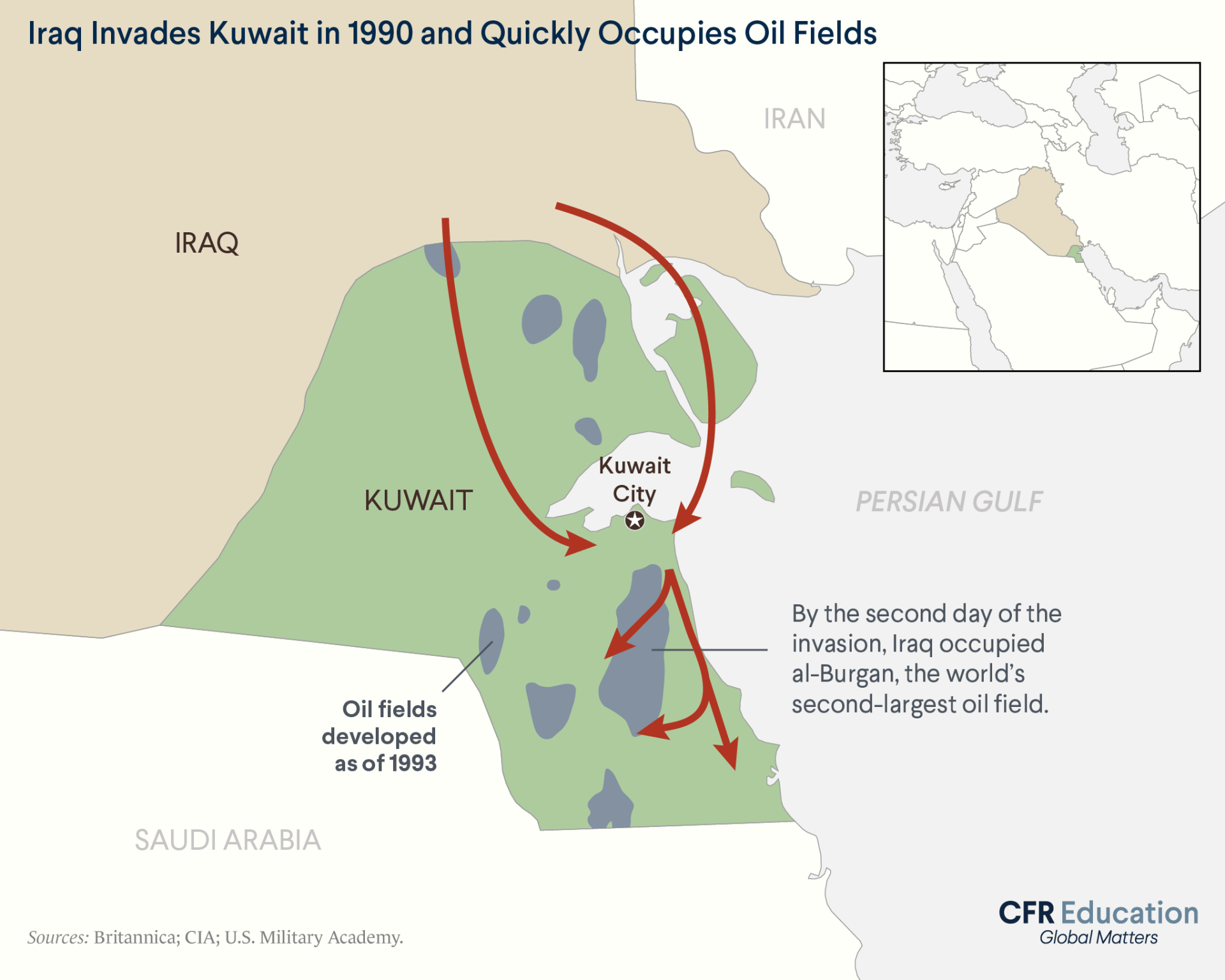 This map shows how on the second day of Iraq's invasion into Kuwait, they quickly occupied oil fields. For more info contact us at cfr_education@cfr.org.