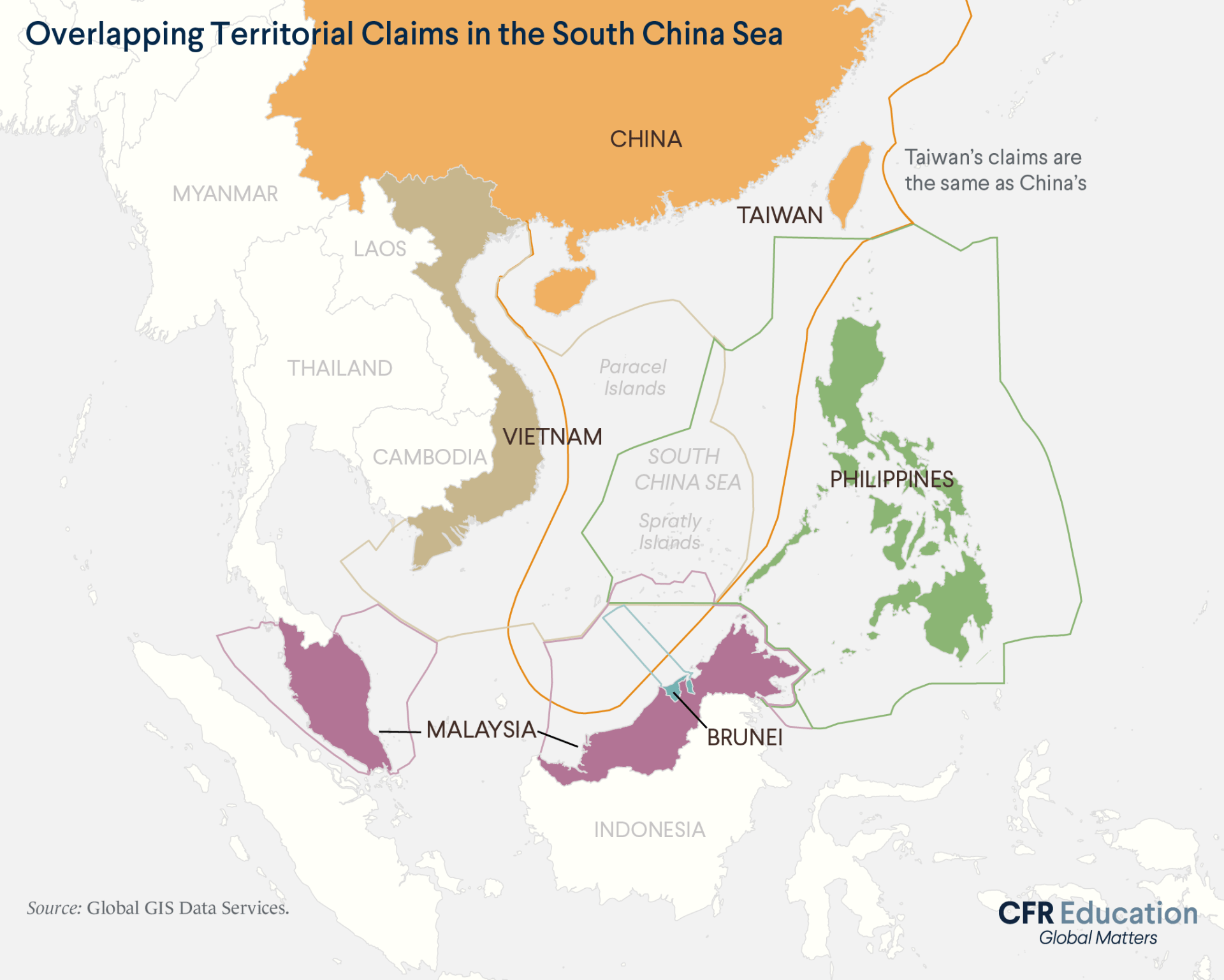 A multi-colored map showing the overlapping territorial claims in the South China Sea (denoted with colored lines) by China, Taiwan, Vietnam, Philippines, Brunei, and Malaysia.