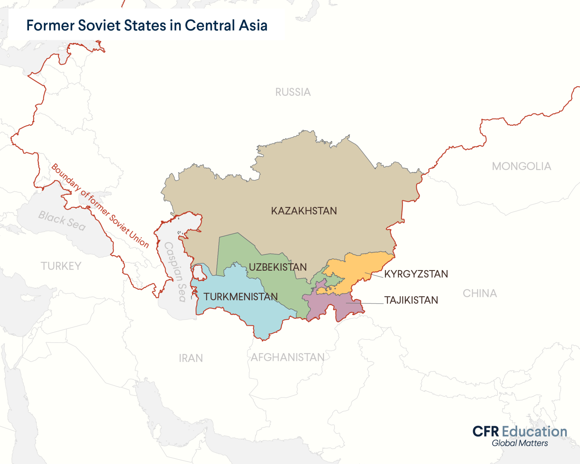 A map of the former Soviet Central Asian states (Kazakhstan, Uzbekistan, Turkmenistan, Kyrgyzstan, Tajikistan) with a red line denoting the previous boundary of the USSR.