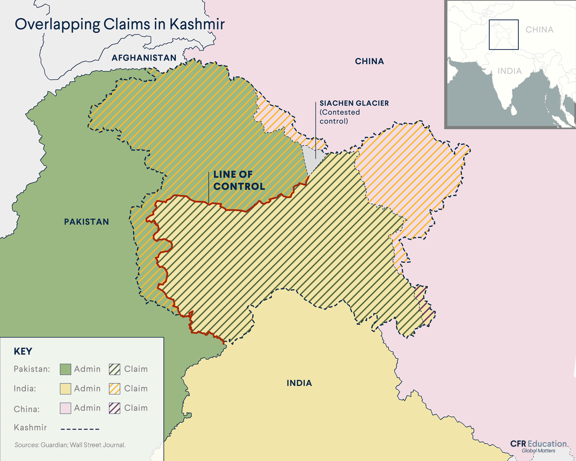 A map of the overlapping claims on Kashmir by Pakistan, India, and China. The line of control, or cease-fire line, is shaded red. 