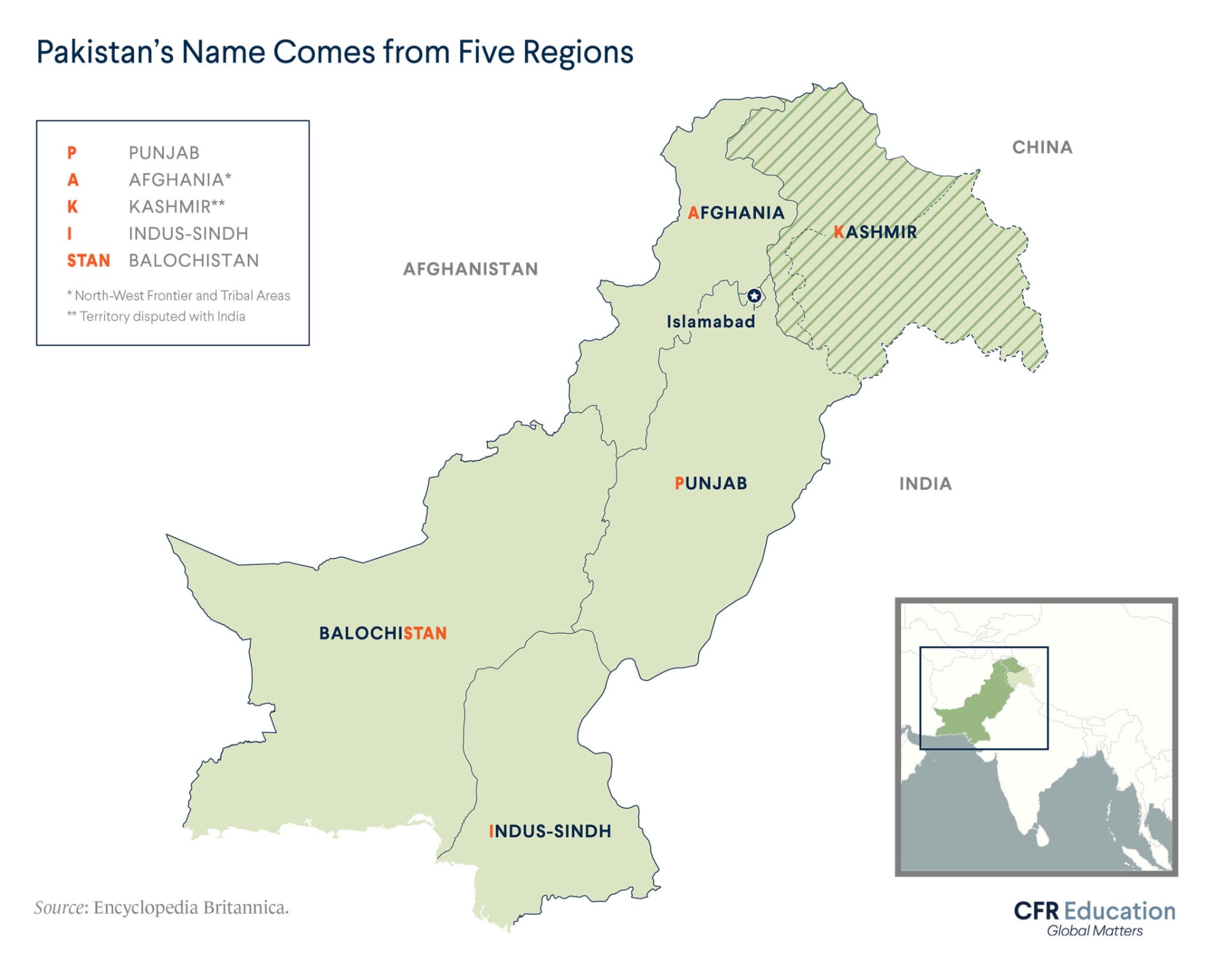 A map showing Pakistan's five regions (from bottom to top): Indus-Sindh, Balochistan, Punjab, Afghania, and Kashmir.