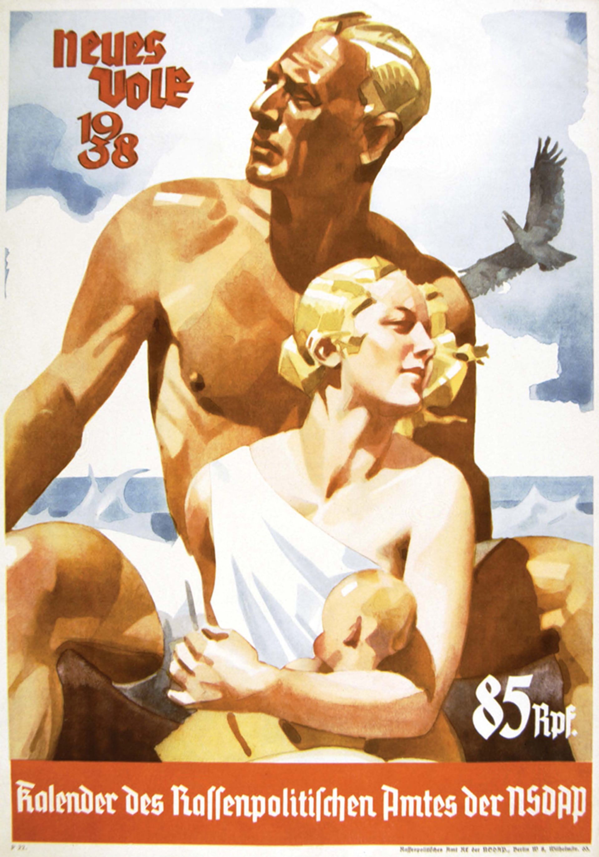 A propaganda image depicting an idealized “Aryan” family, from the Nazi Party’s Racial Policy Office calendar during the Holocaust, circa 1938.