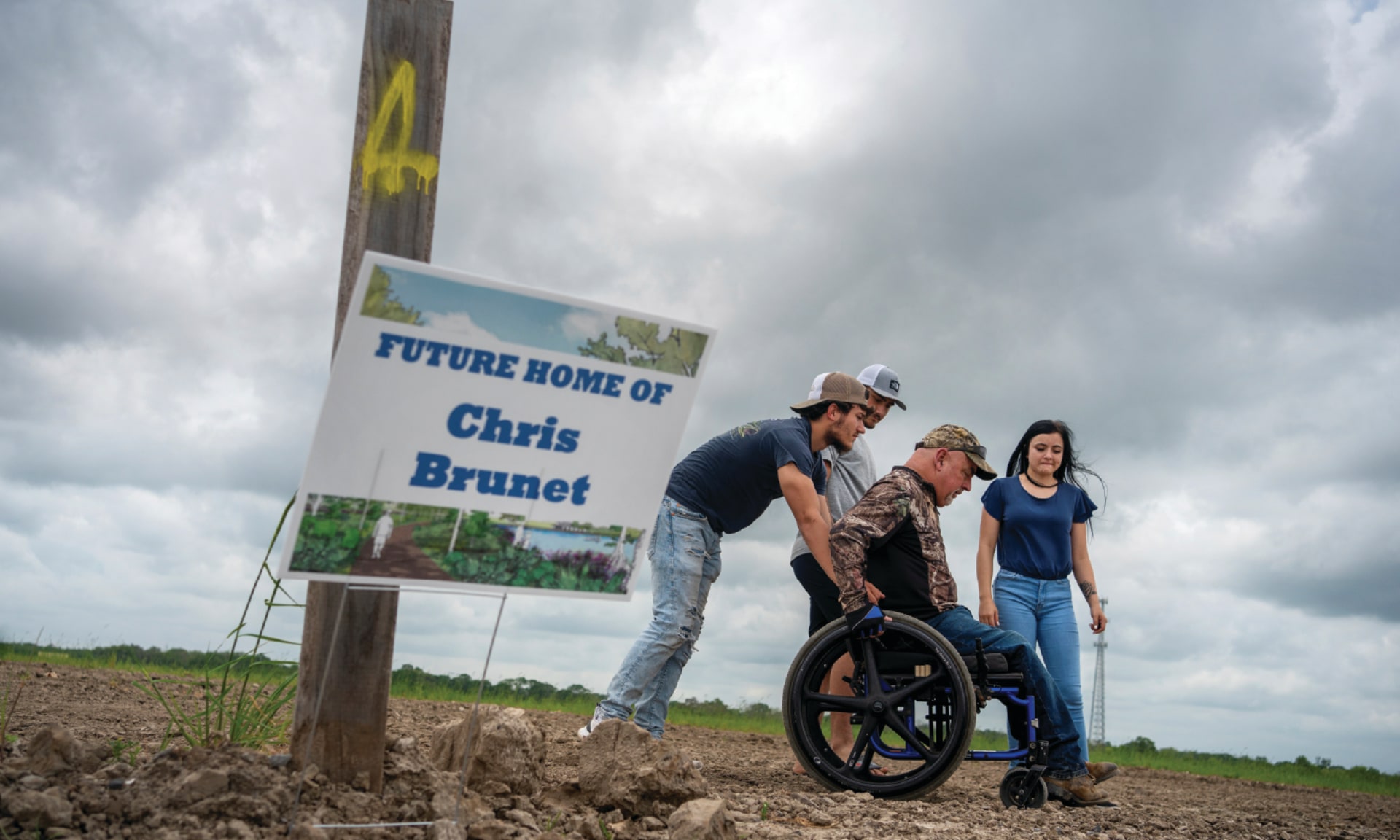 Chris Brunet visits the construction site for his new home as part of the Biloxi-Chitimacha-Choctaw tribe's resettlement, funded by the nation's first federally-funded climate resilience grant to relocate a community affected by climate change, near Shrie