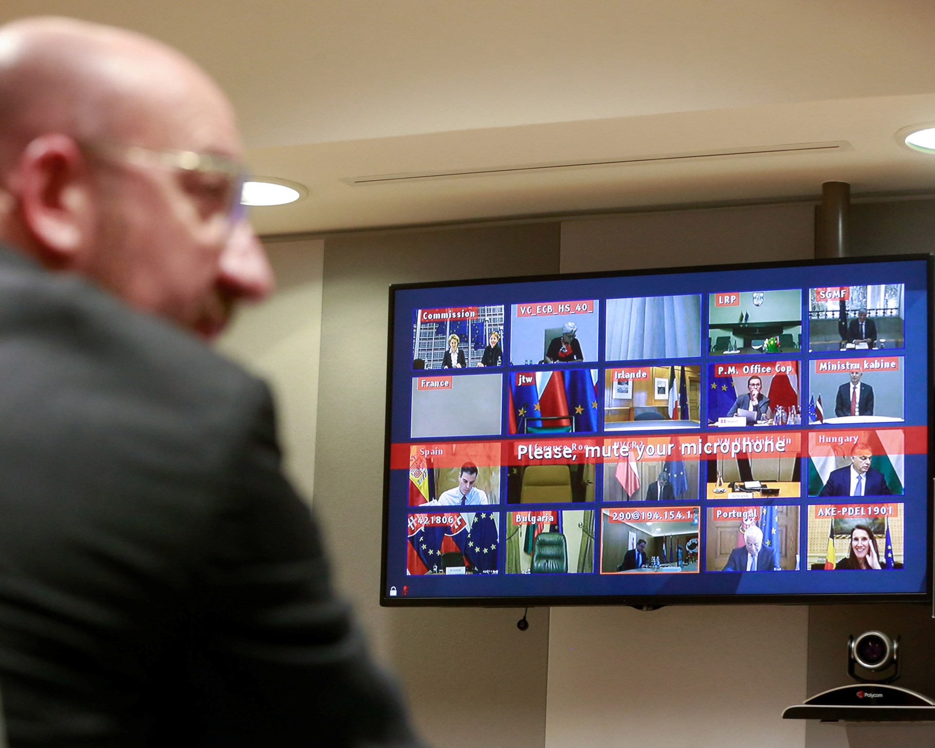 A photo showing European Council President Charles Michel attending a conference call with European leaders on the coronavirus disease (COVID-19) in Brussels, Belgium, on March 10, 2020.