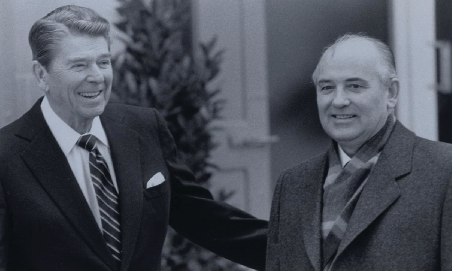  Soviet leader Mikhail Gorbachev is greeted by United States President Ronald Reagan in Geneva, Switzerland on November 19, 1985