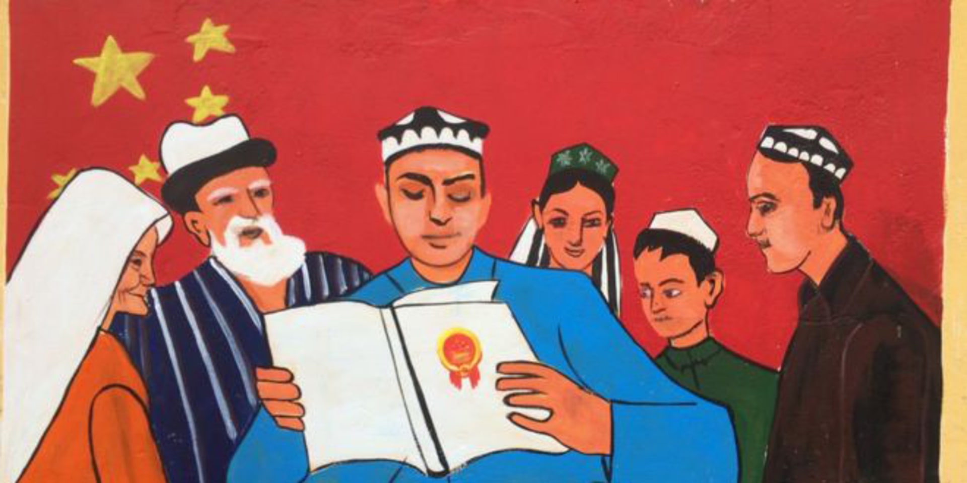 A propaganda mural painted next to a mosque in the western Chinese province of Xinjiang, where internment camps for Uighur and other Muslim minorities facing religions persecution are located.