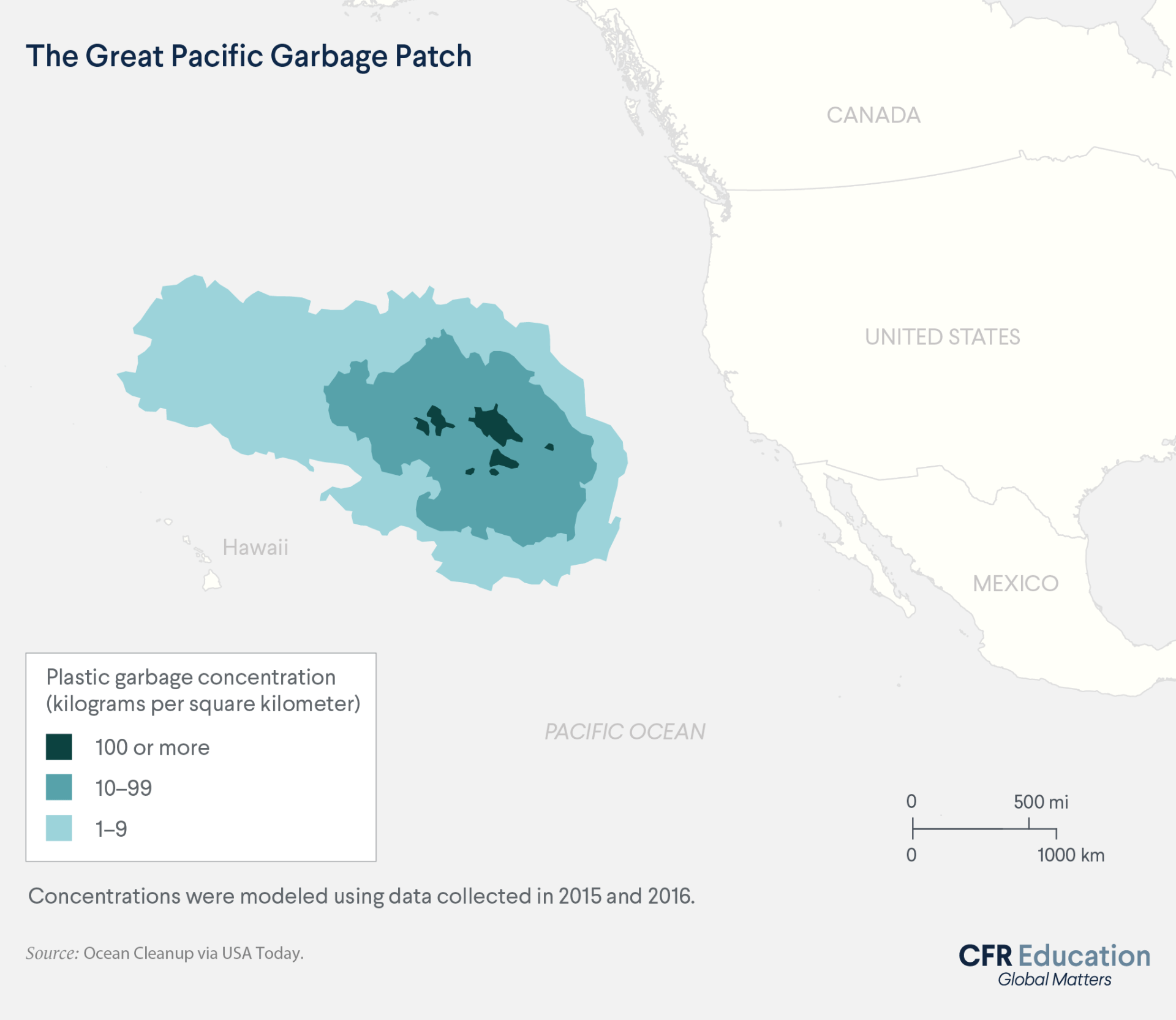Map of the Great Pacific Garbage Patch, which covers a wide swatch of the Pacific Ocean near Hawaii (based on models using data collected in 2015 and 2016). For more info contact us at cfr_education@cfr.org.