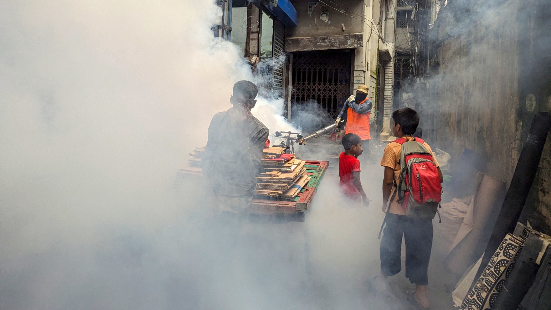 A worker sprays pesticides to kill mosquitoes in Dhaka, Bangladesh on October 19, 2024.