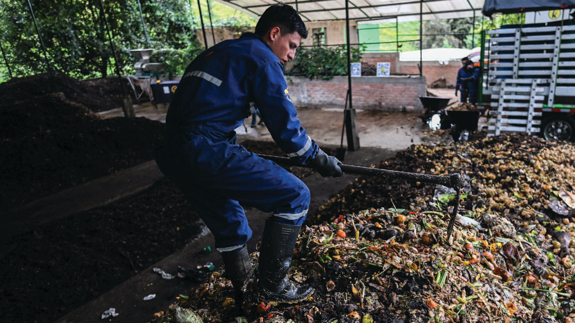 Employees collect organic waste at Tierra Viva farm in Tunja, Colombia, on July 18, 2024.