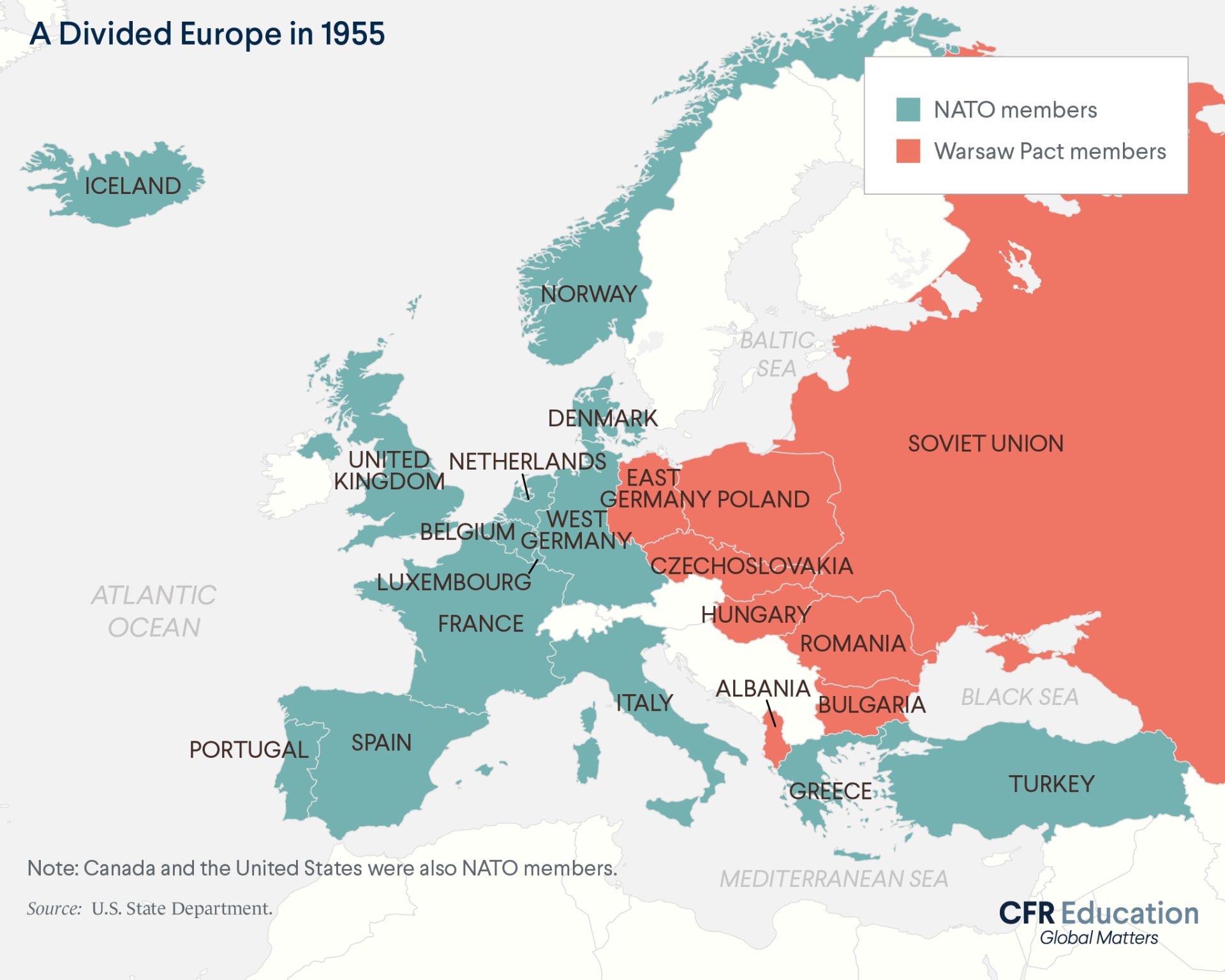 A map shows Warsaw Pact and NATO members. Warsaw Pact members are represented in red, and NATO members are represented in blue.