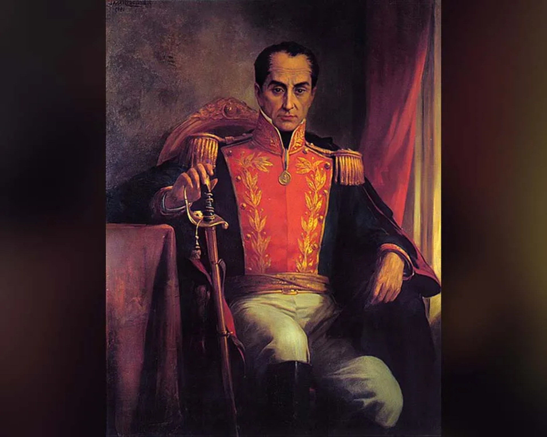 An oil painting of a seated Simón Bolívar holding a sword.