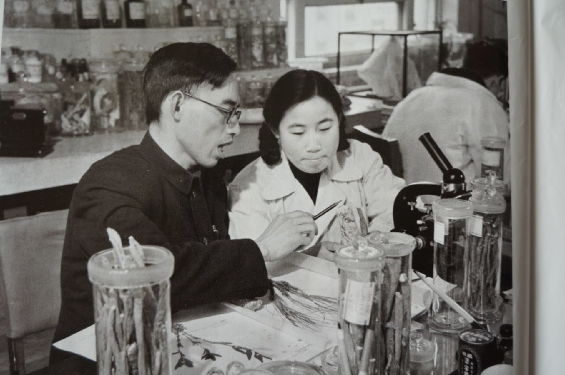 Pharmaceutical chemist Tu Youyou, on the right, works with one of her mentors, pharmacologist Lou Zhicen, on the left, in a lab. They are surrounded by lab equipment.