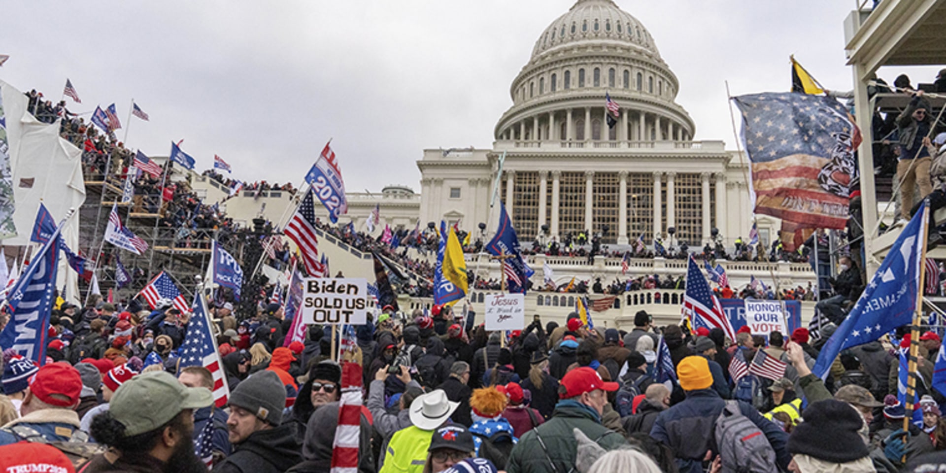 The U.S. Capitol Building in Washington, DC, is breached by thousands of protesters during a ”Stop The Steal” rally during the worldwide coronavirus pandemic on January 6, 2021.