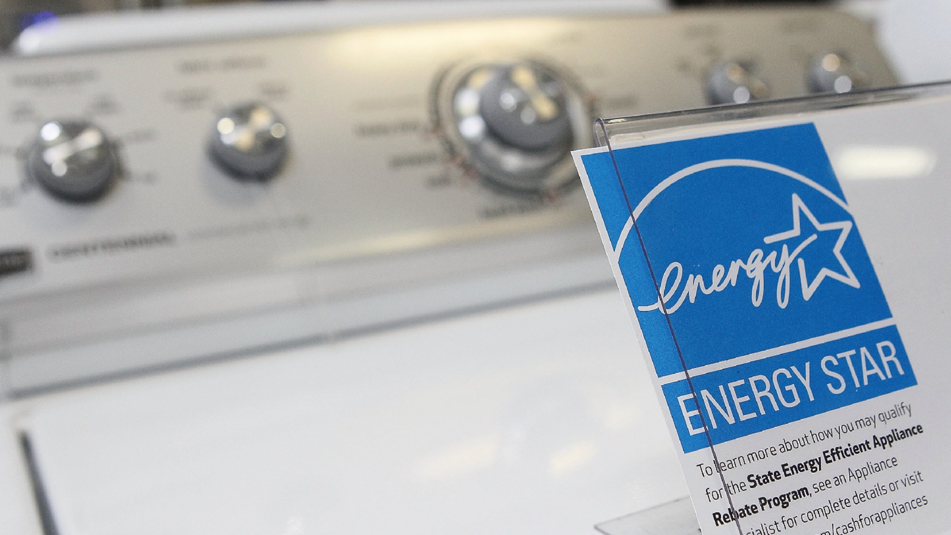 An Energy Star label is displayed on a brand-new washing machine in Marin City, California on March 26, 2010