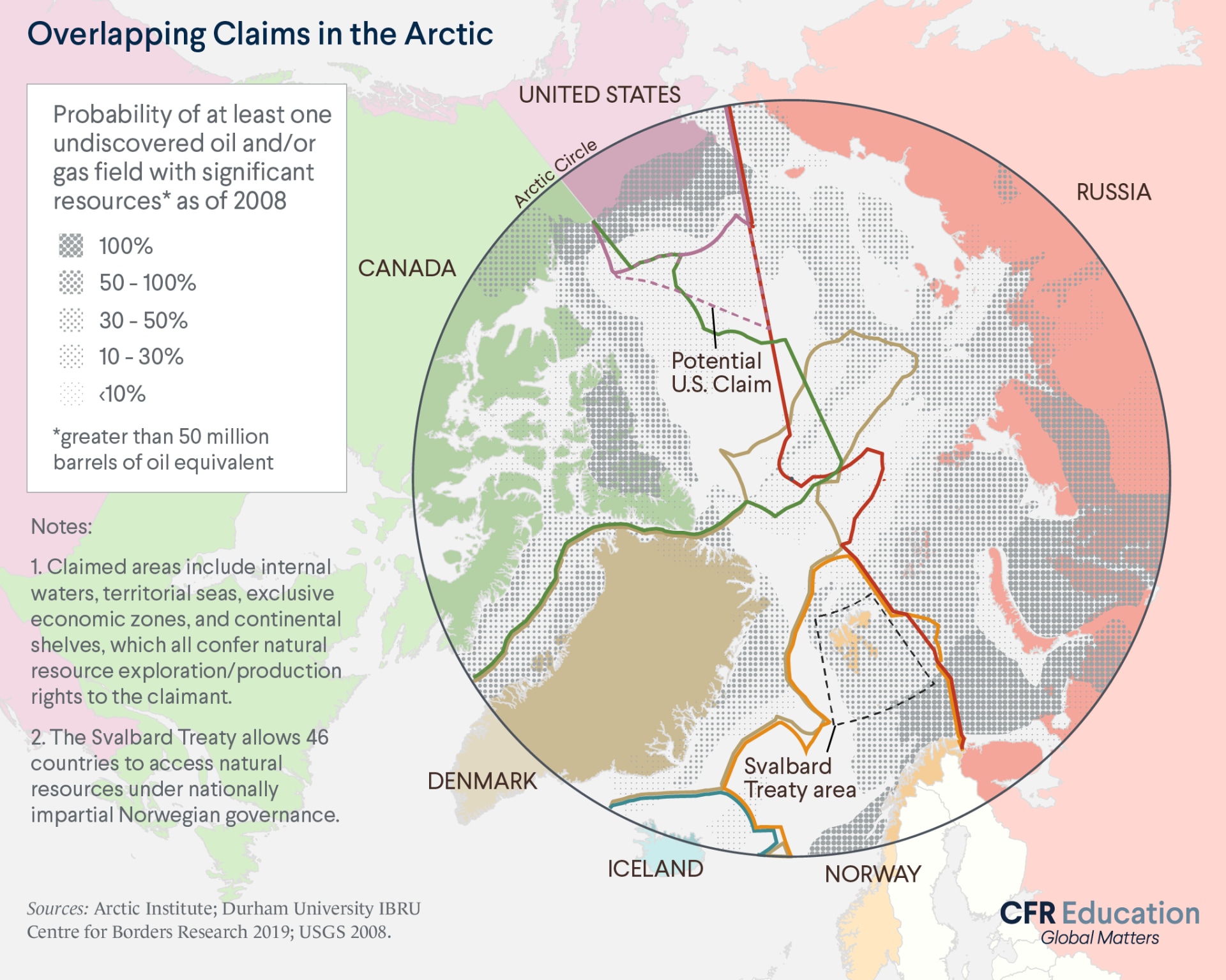 A map showing the overlapping claims in the Arctic and the probability of at least one undiscovered oil and/or gas field with significant resources being in these areas as of 2008.For more info contact us at cfr_education@cfr.org.