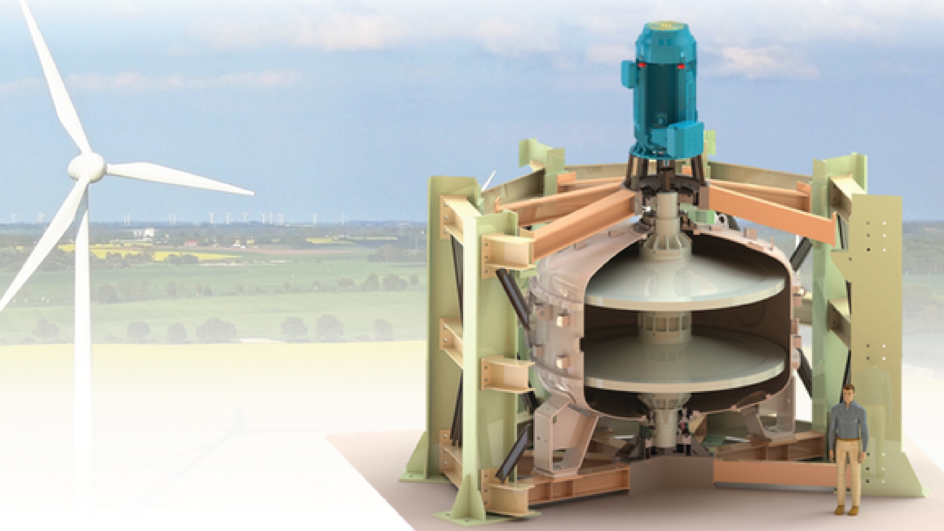 Rendering of a cross-sectional view of a rotational kinetic storage (flywheel) system.