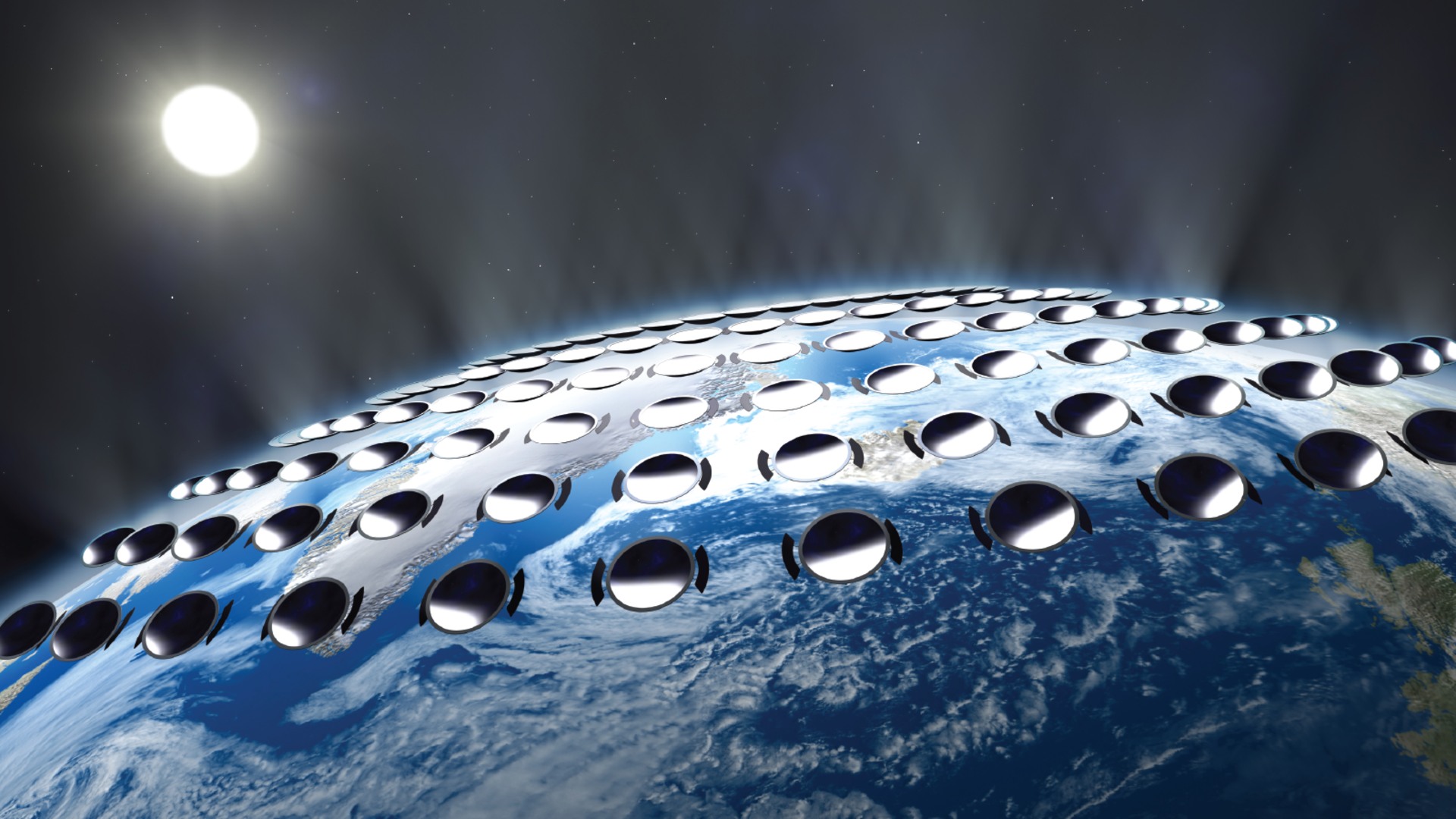An artist rendering of mirrors in orbit around the Earth. The sun can be seen in the background on the top left.